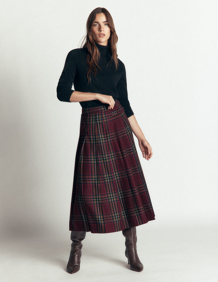 Pleated Midi Kilt-Maroon And Olive Check