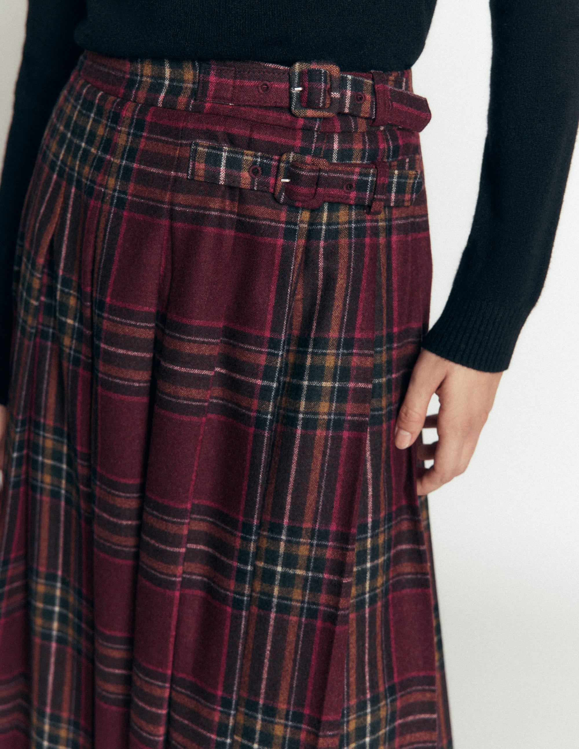 Pleated Midi Kilt-Maroon And Olive Check - Image 2