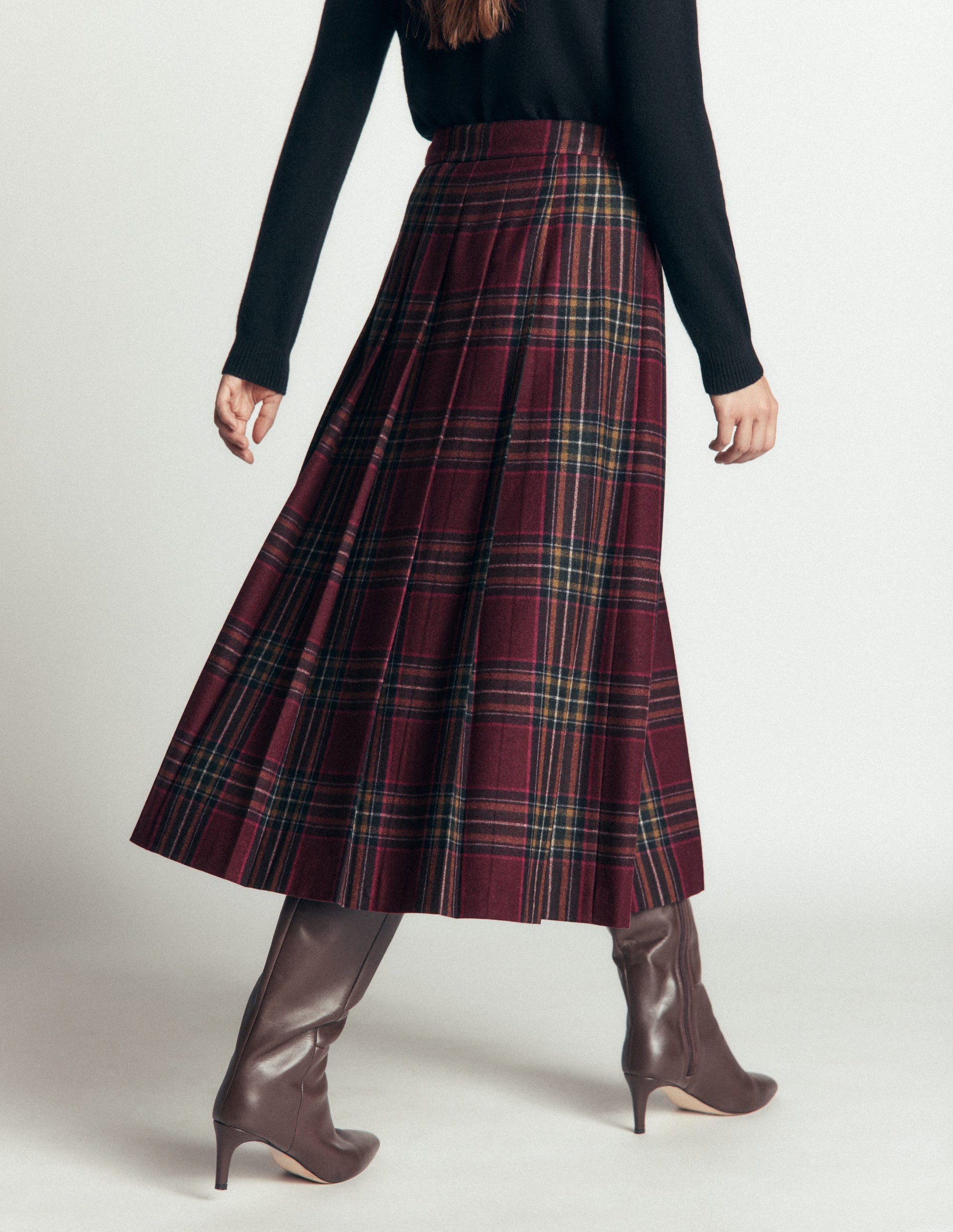 Pleated Midi Kilt-Maroon And Olive Check-3