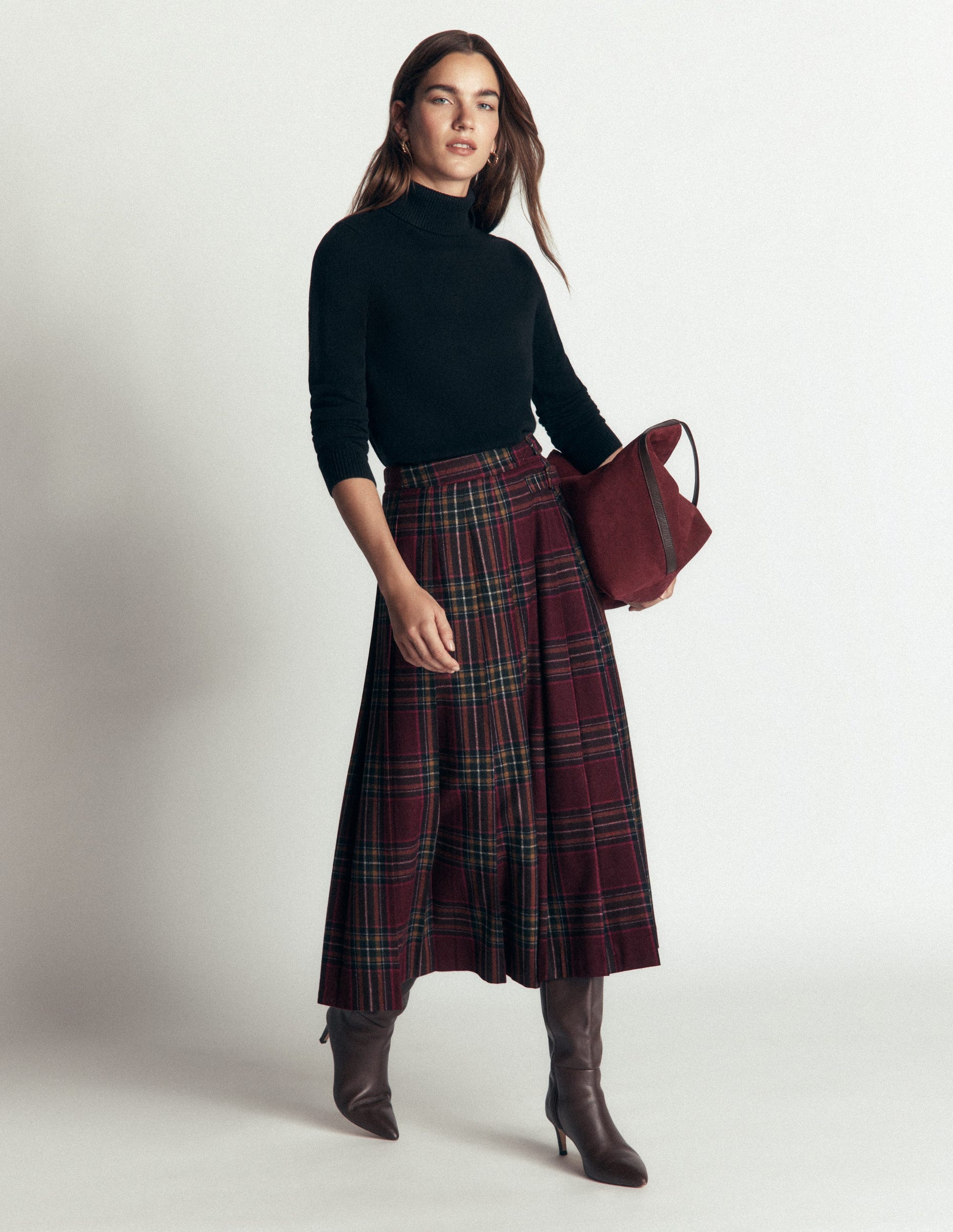 Pleated Midi Kilt-Maroon And Olive Check-4