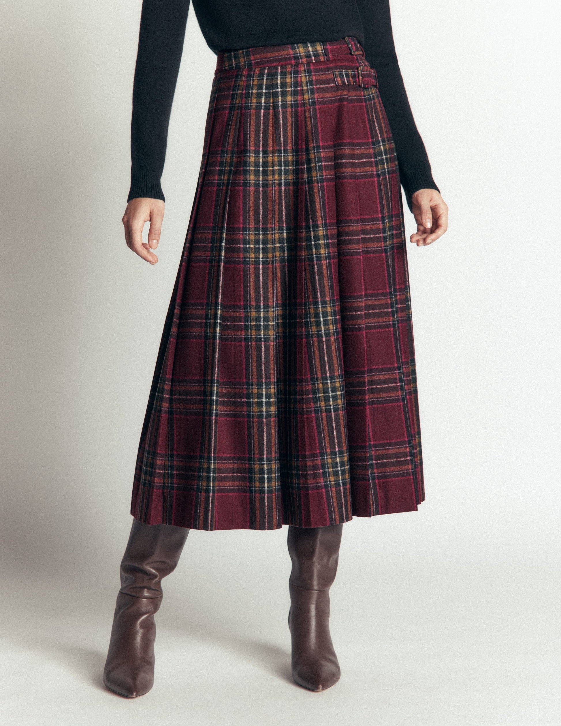Pleated Midi Kilt-Maroon And Olive Check-5