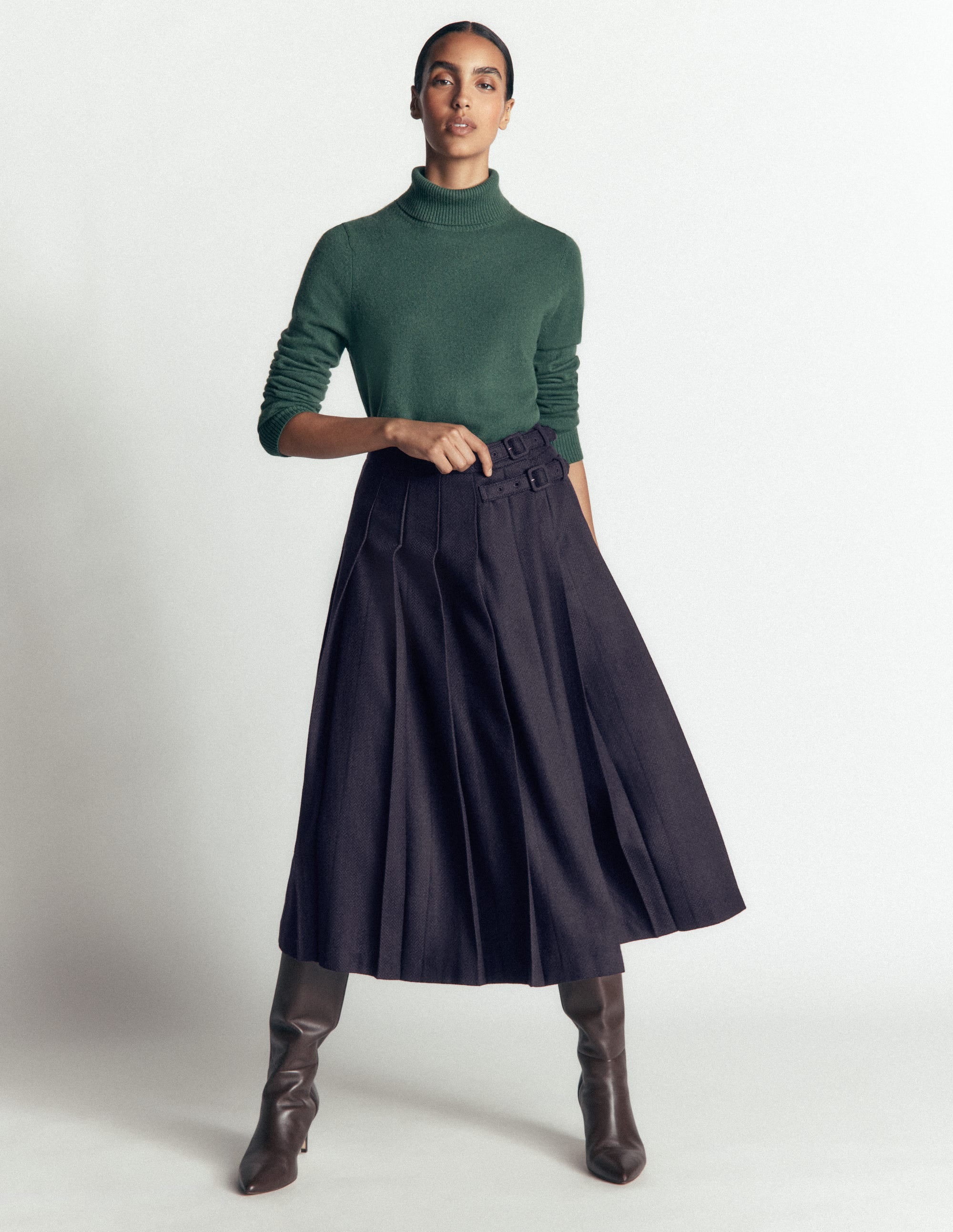 Pleated Midi Kilt-Navy Herringbone - Image 1