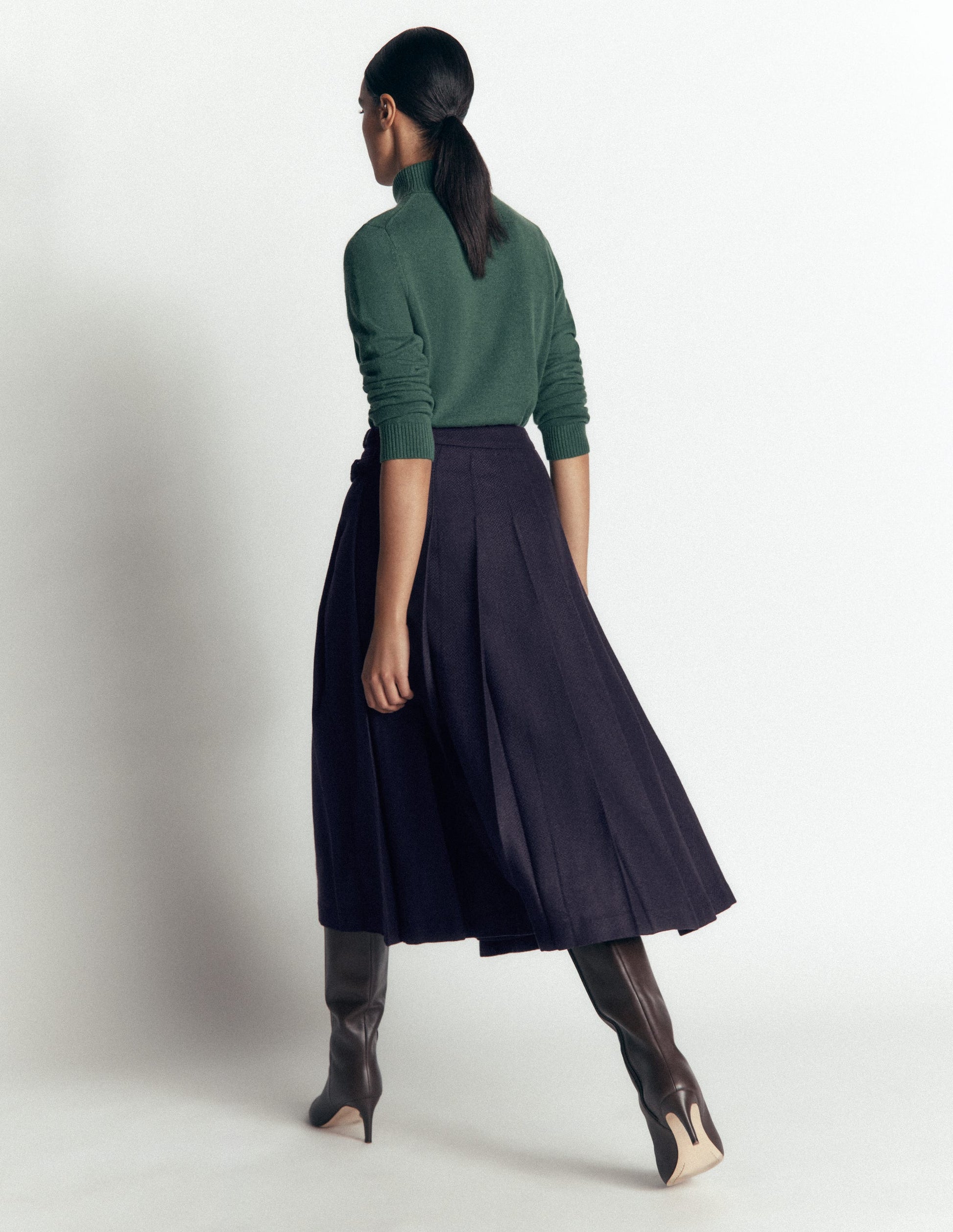 Pleated Midi Kilt-Navy Herringbone-3