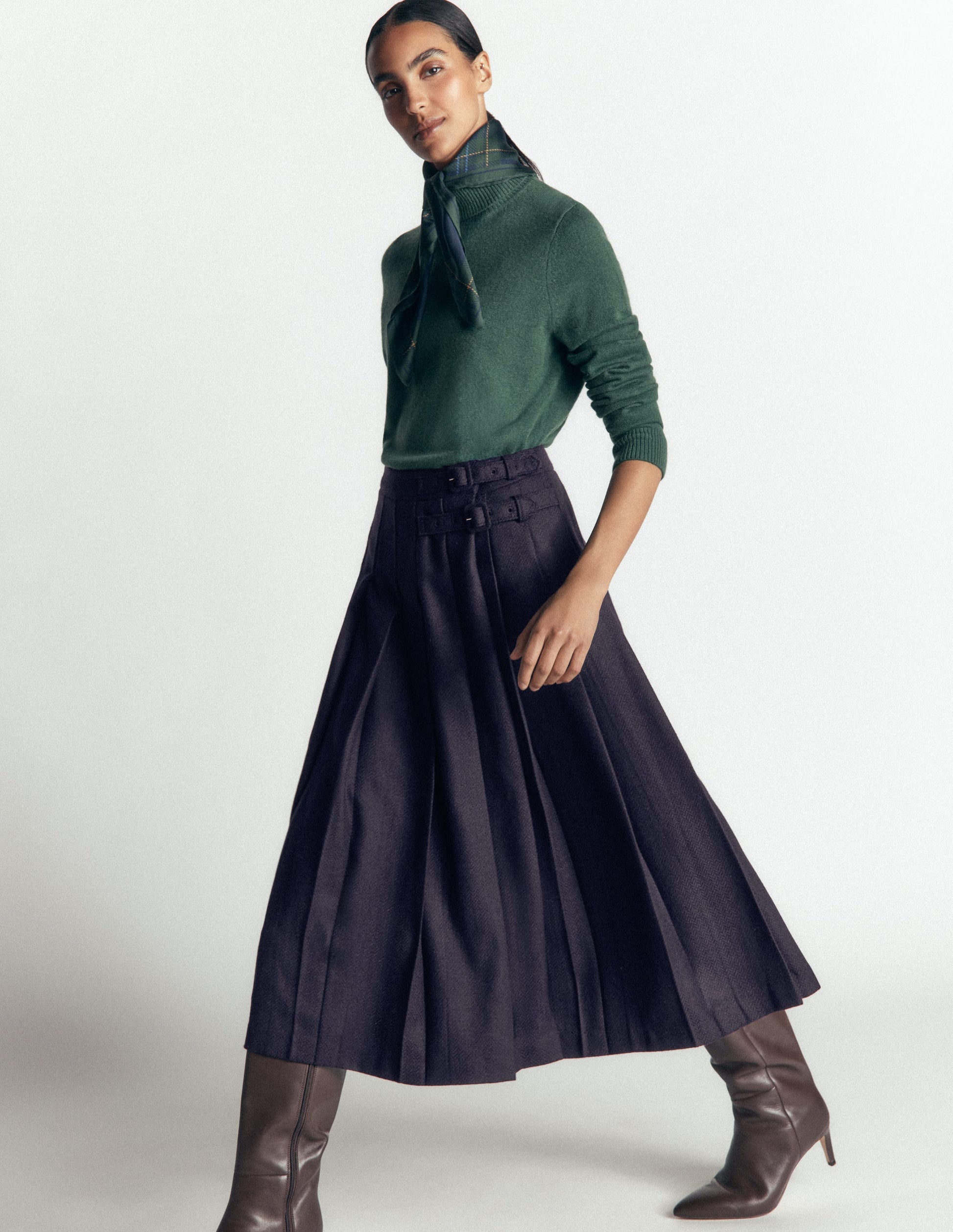 Pleated Midi Kilt-Navy Herringbone-4