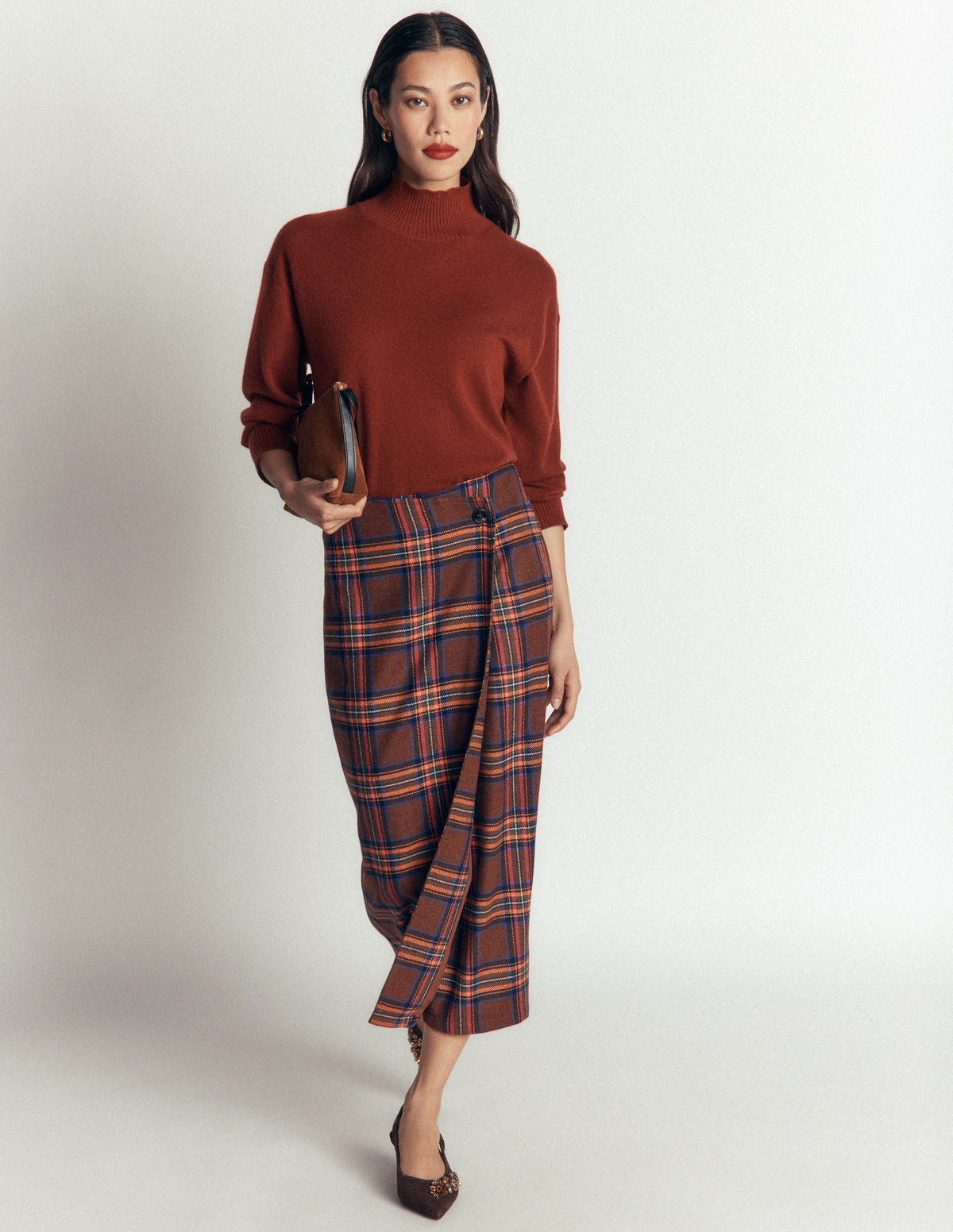 Column Wrap Skirt-Brown, Blue and Orange Check - Image 1