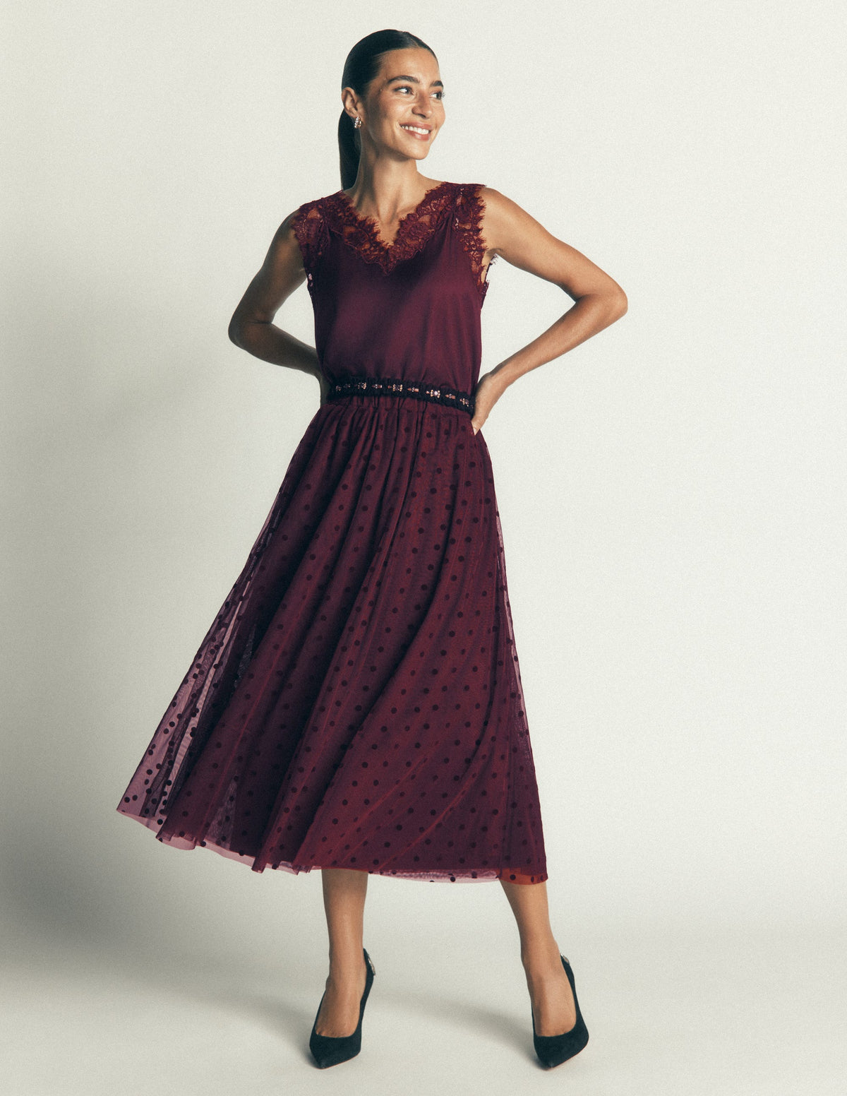 Full Tulle Party Skirt-Dark Cherry Flocked Spot - Image 1