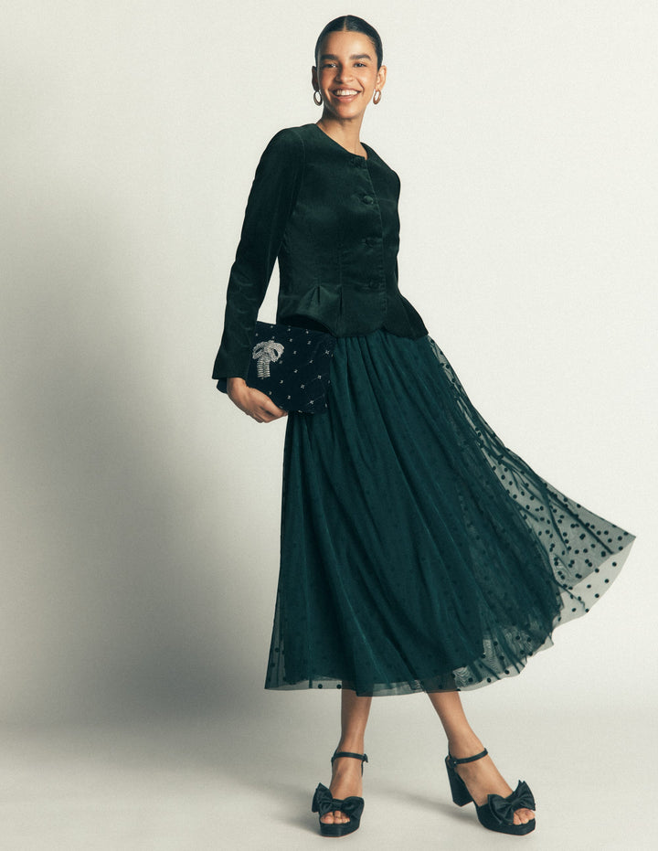 Full Tulle Party Skirt-Midnight Teal Flocked Spot