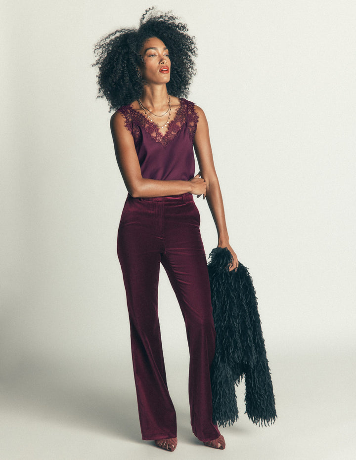 Flare Velvet Pants-Dark Cherry