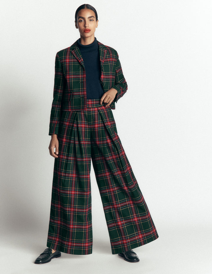 Wool Blend Pleated Pants-Green, Navy and Red Check