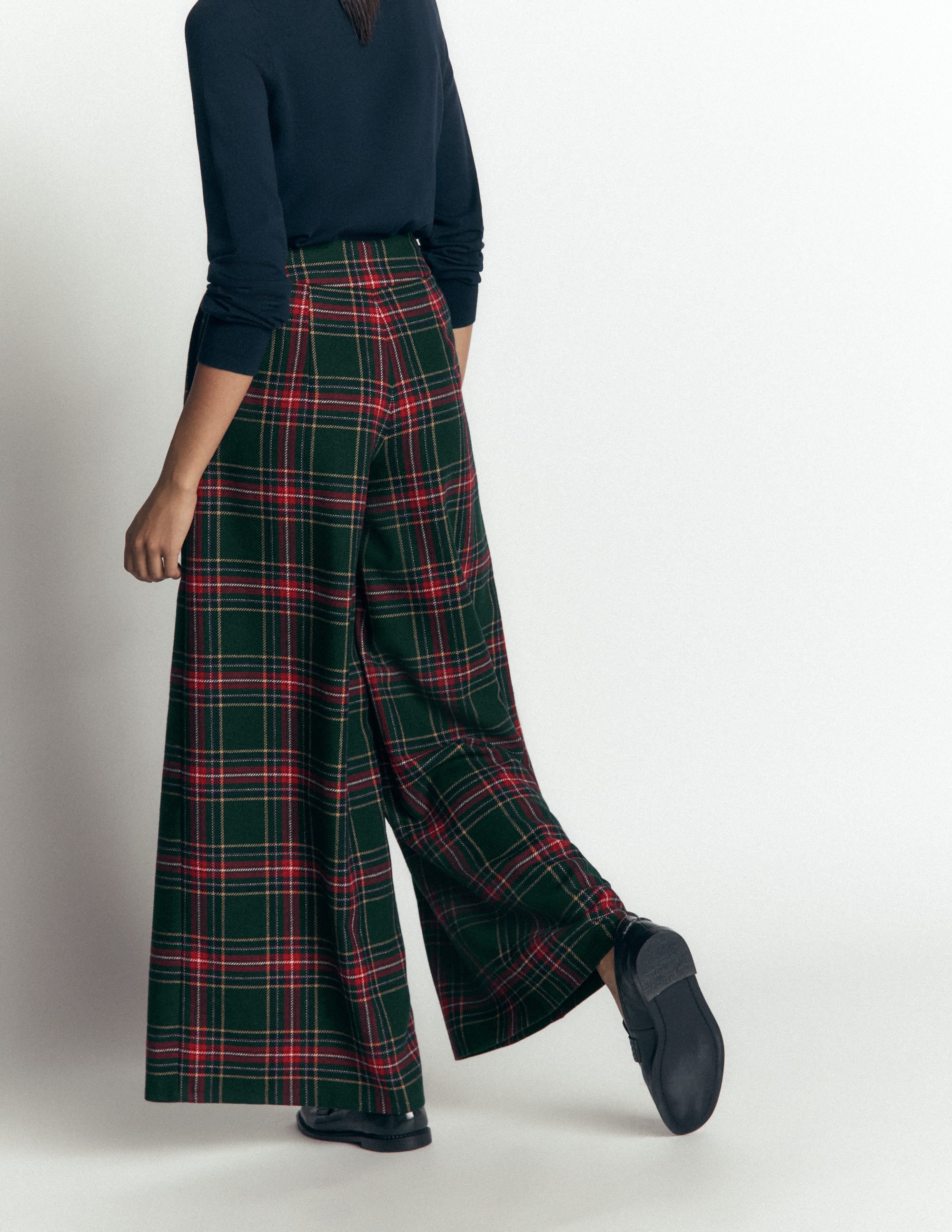 Wool Blend Pleated Pants-Green, Navy and Red Check - Image 4
