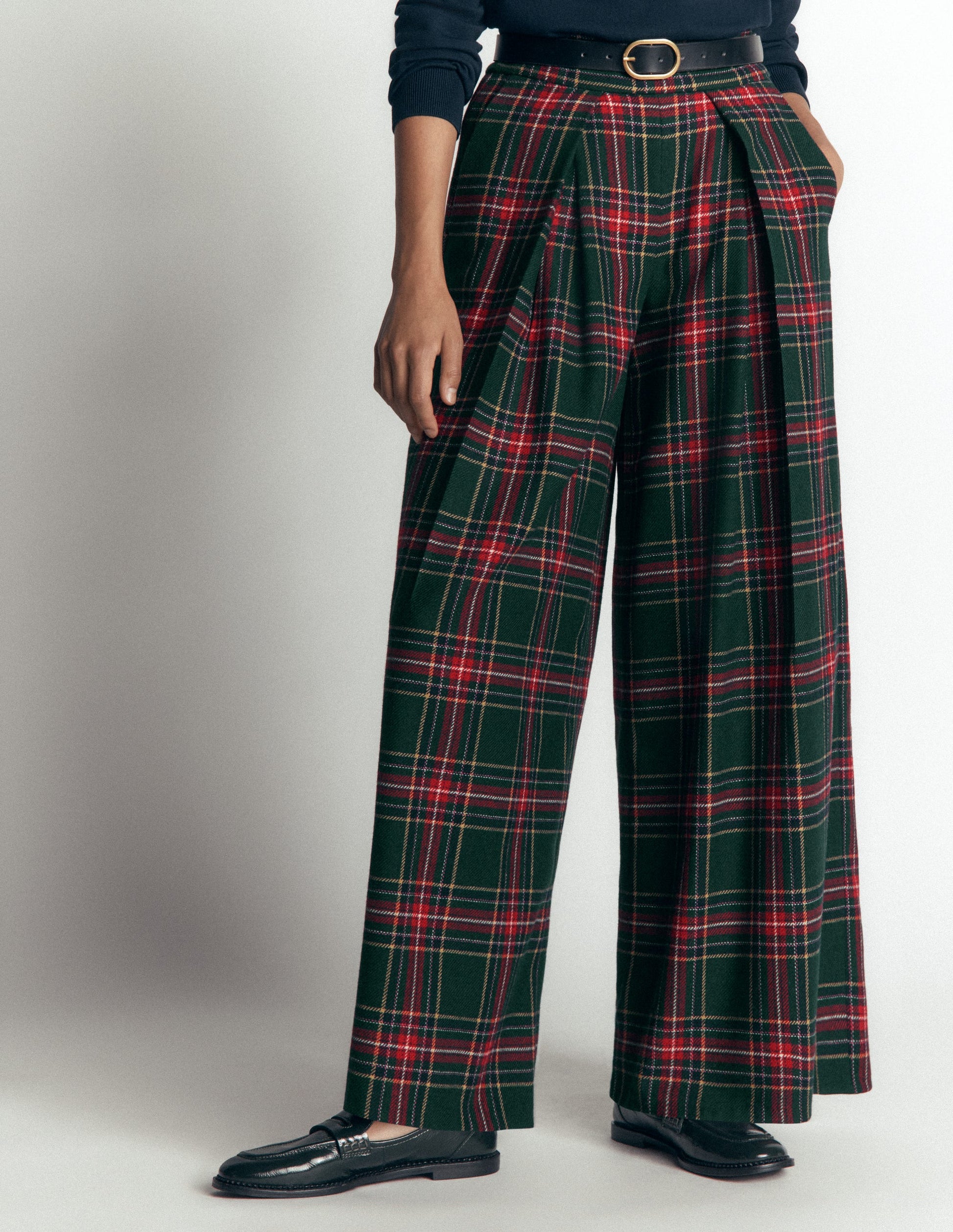 Wool Blend Pleated Pants-Green, Navy and Red Check-6