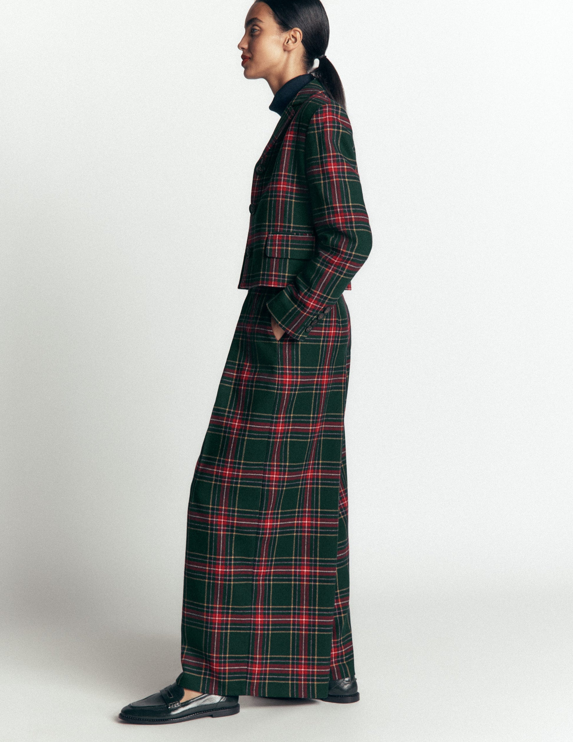 Wool Blend Pleated Pants-Green, Navy and Red Check-7