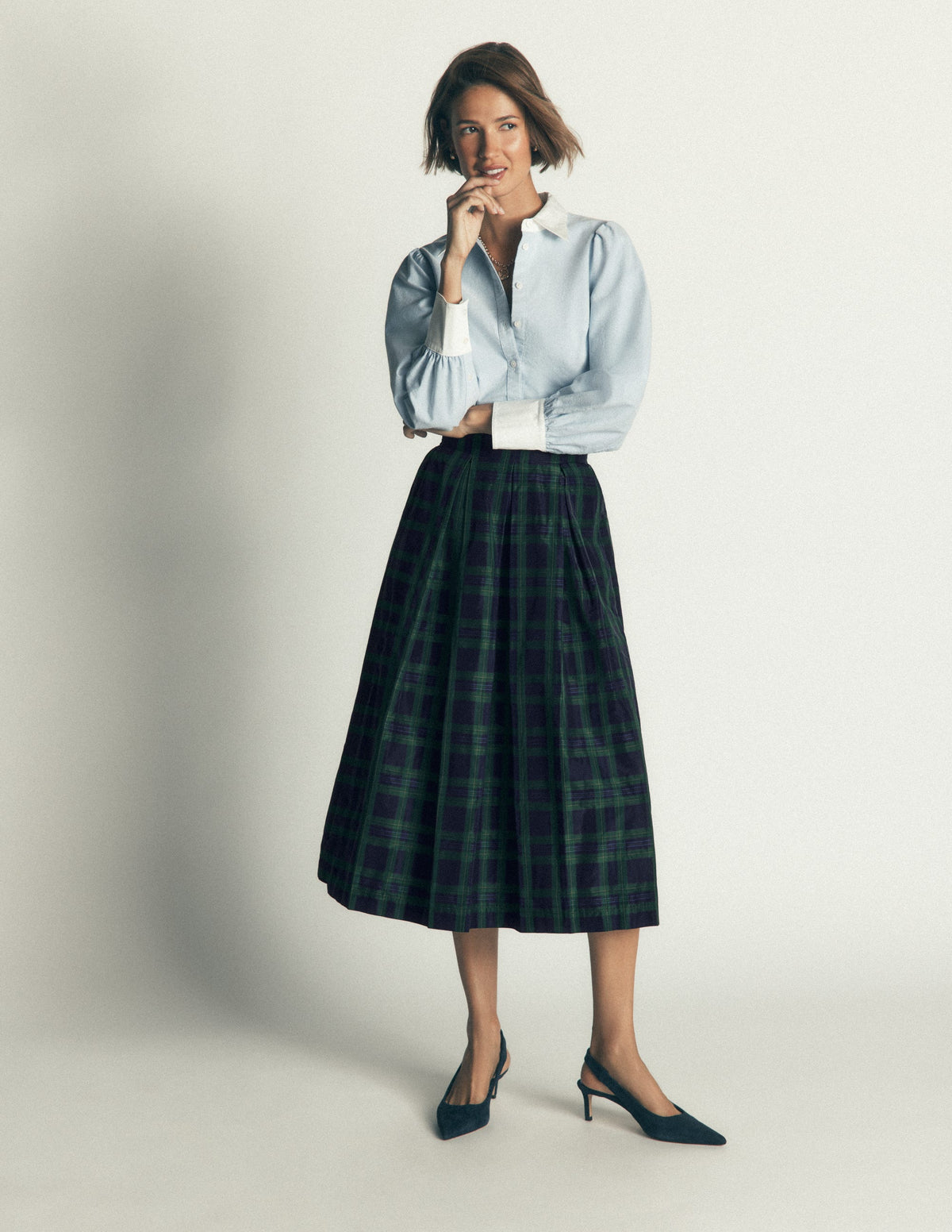 Verity Taffeta Midi Skirt-Navy, Green,Blue Tonal Check - Image 2