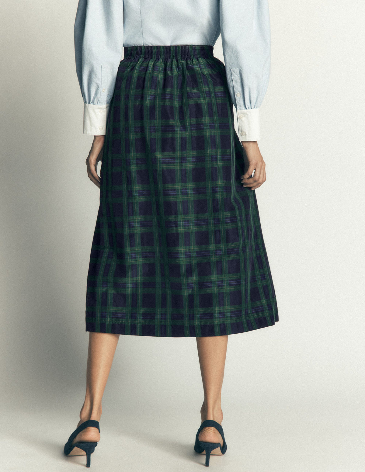 Verity Taffeta Midi Skirt-Navy, Green,Blue Tonal Check-5
