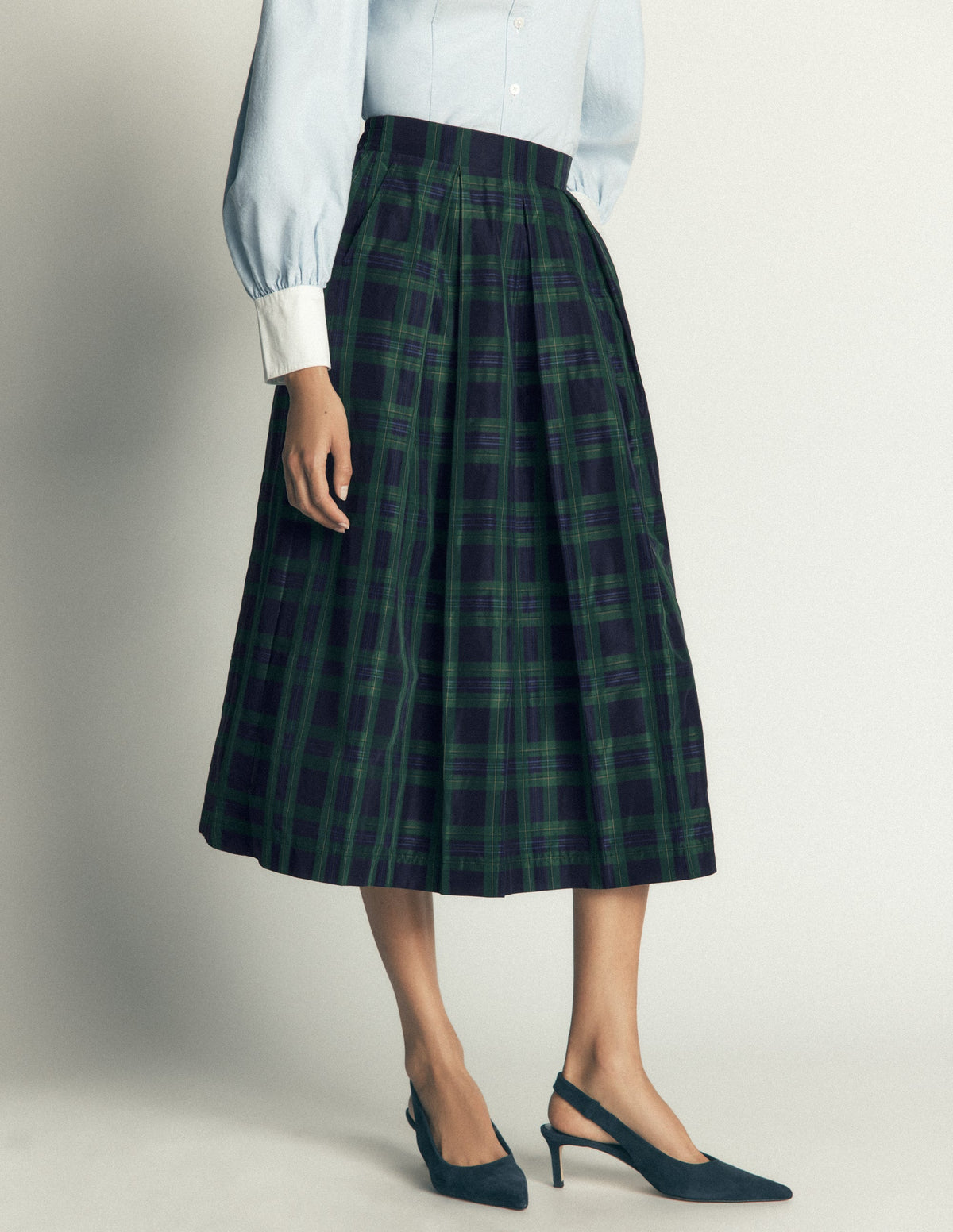 Verity Taffeta Midi Skirt-Navy, Green,Blue Tonal Check - Image 5