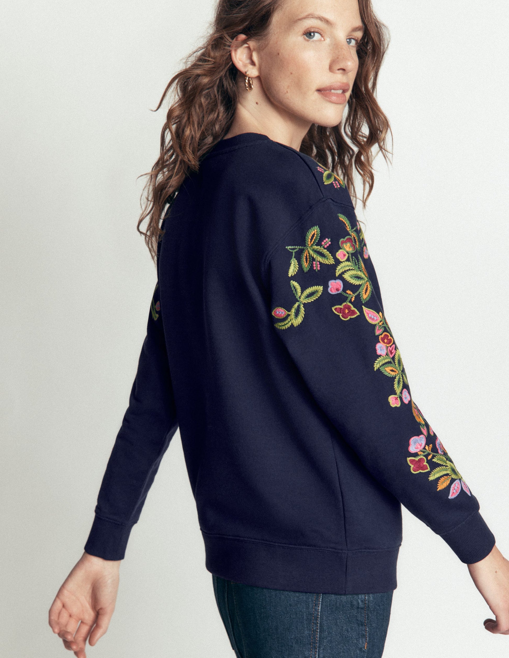 Emi Embroidered Sweatshirt-Navy, Multi flower embroidery-3
