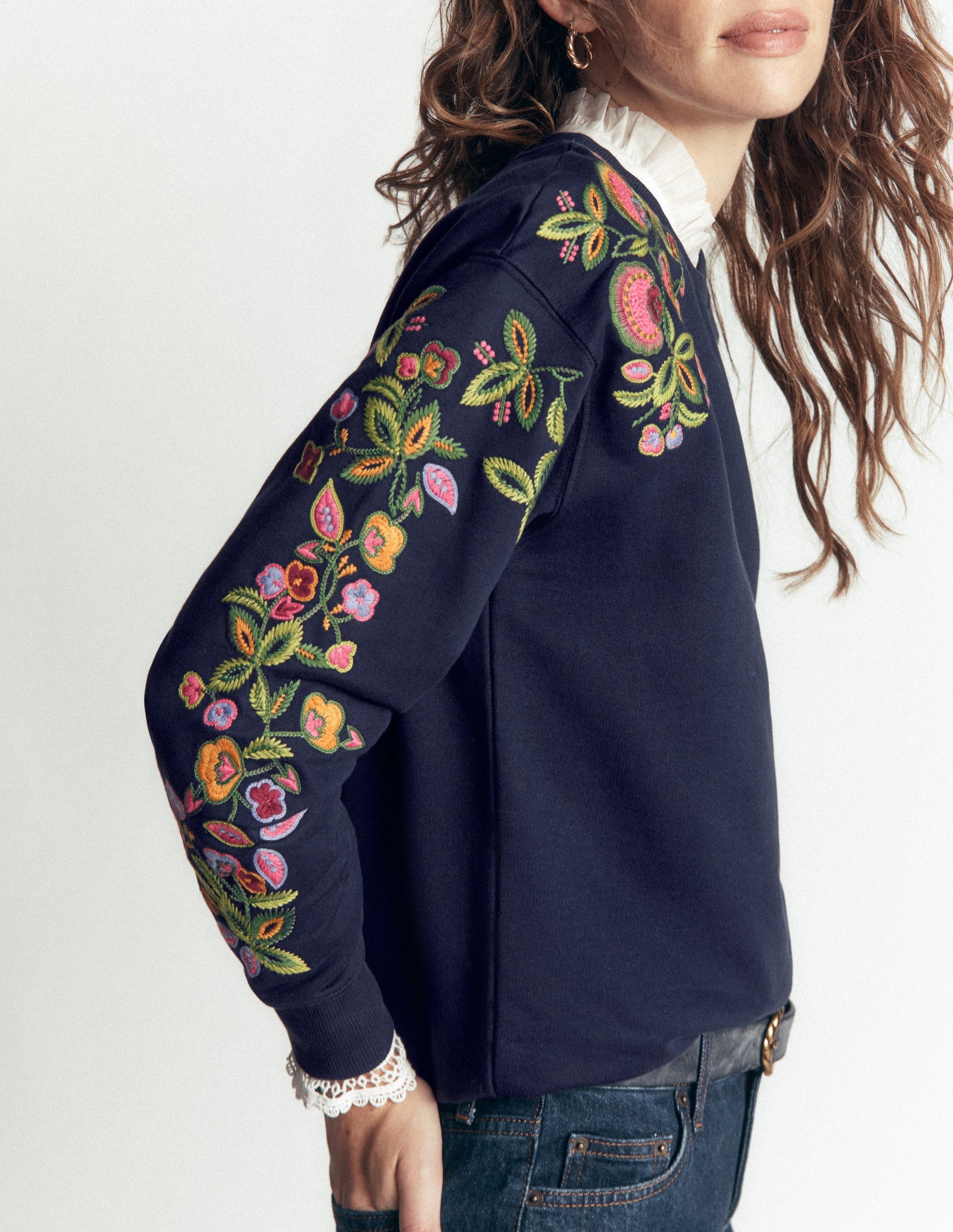 Emi Embroidered Sweatshirt-Navy, Multi flower embroidery-4