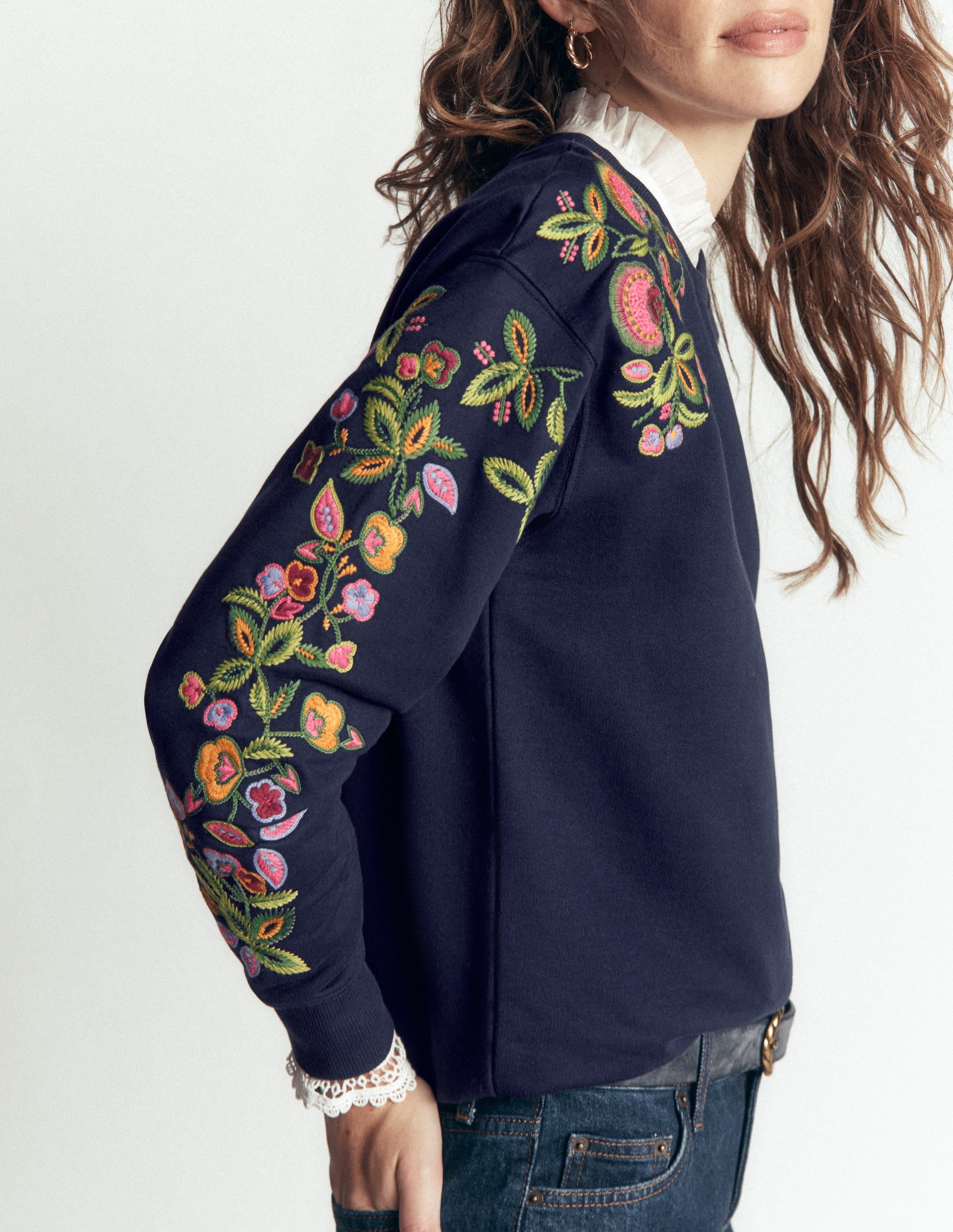 Emi Embroidered Sweatshirt-Navy, Multi flower embroidery - Image 4