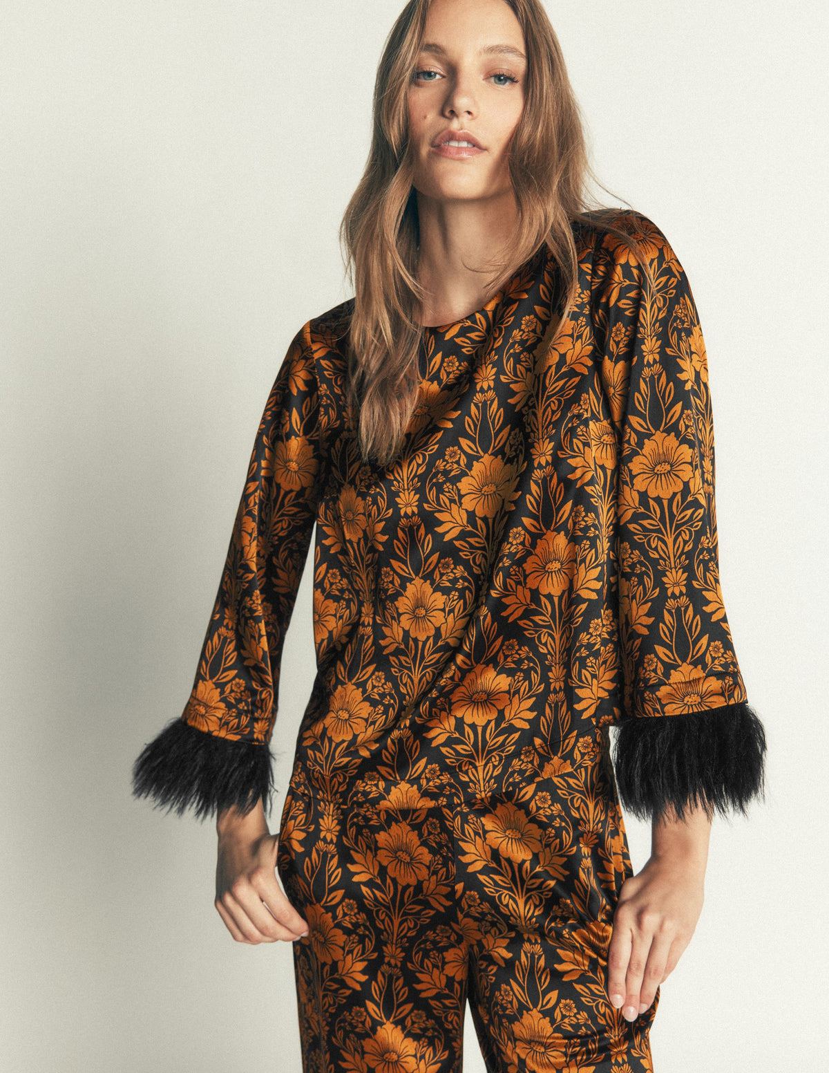Faux Feather Cuff Party Top-Cognac, Flourishing Sprig - Image 2