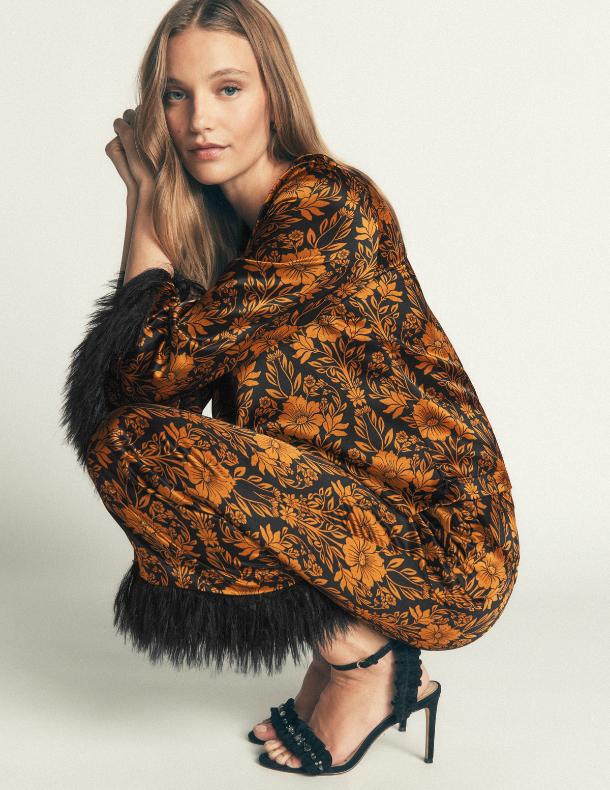 Faux Feather Cuff Party Top-Cognac, Flourishing Sprig-3