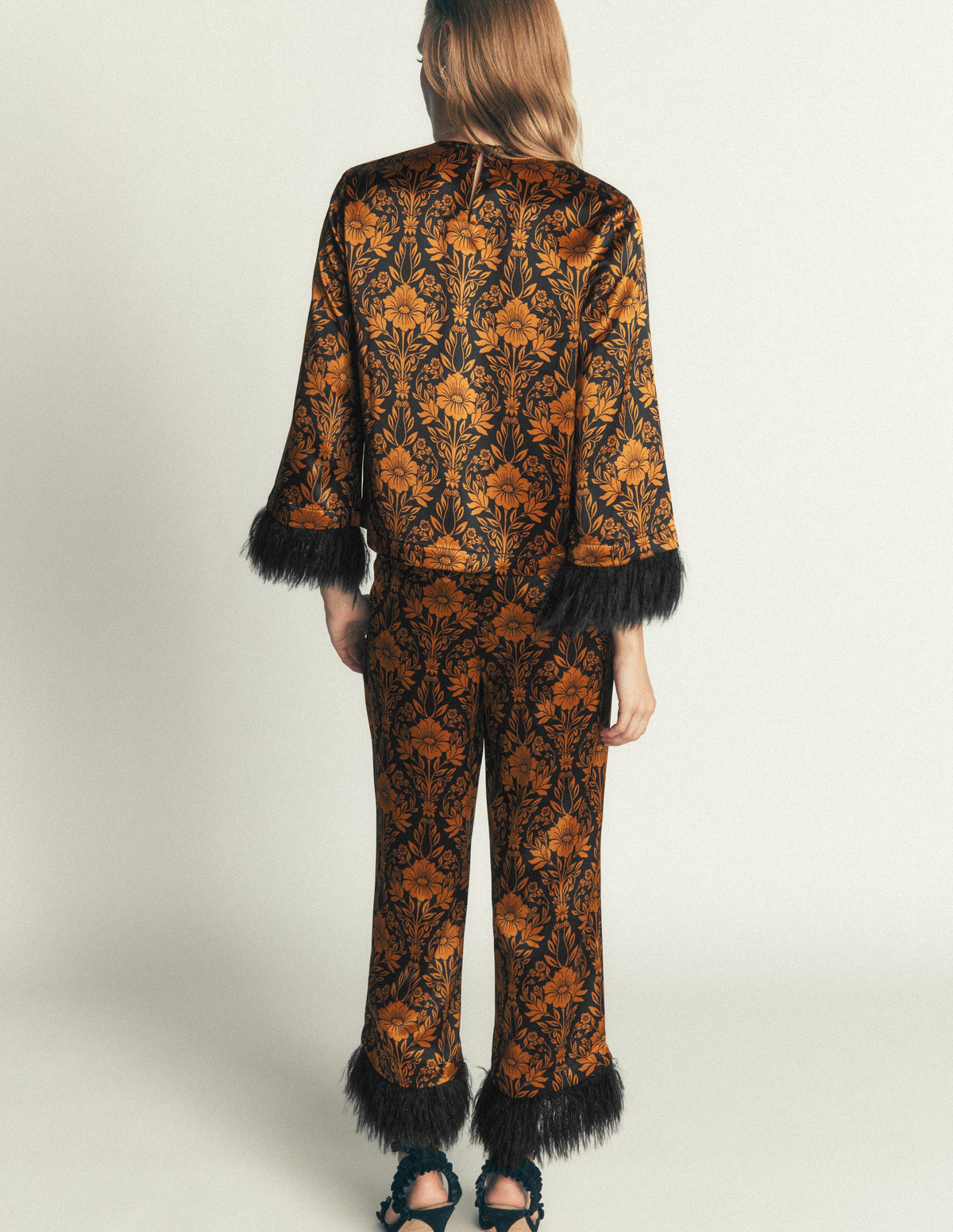 Faux Feather Cuff Party Top-Cognac, Flourishing Sprig - Image 4