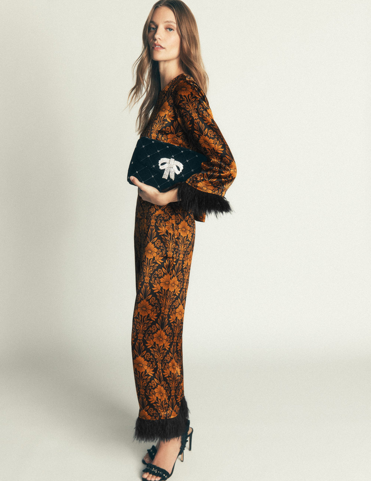 Faux Feather Cuff Party Top-Cognac, Flourishing Sprig - Image 5
