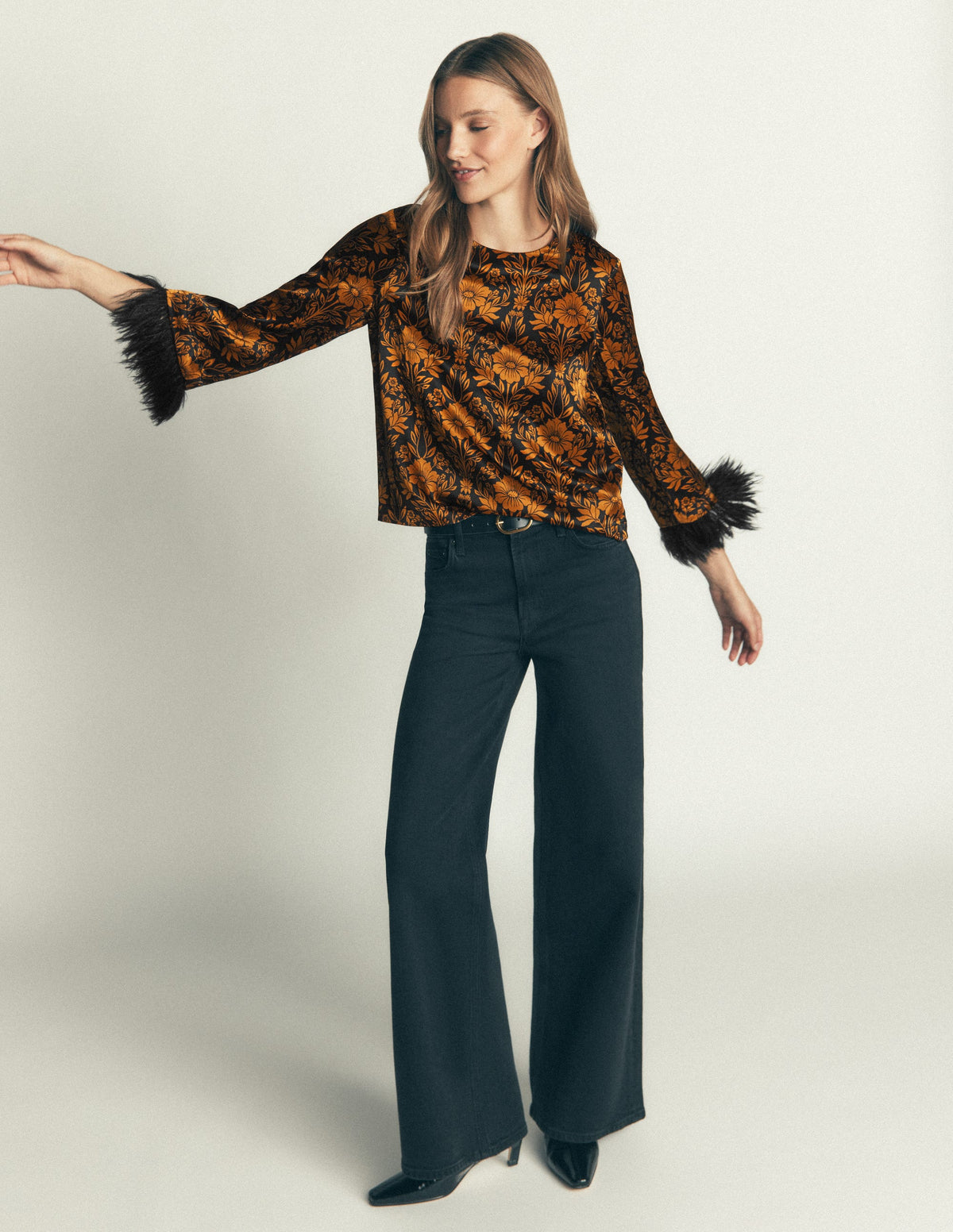 Faux Feather Cuff Party Top-Cognac, Flourishing Sprig - Image 6