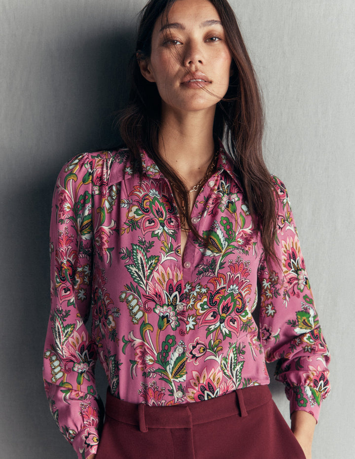 Sara Silk Shirt-Pink Heather, Frosted Flora