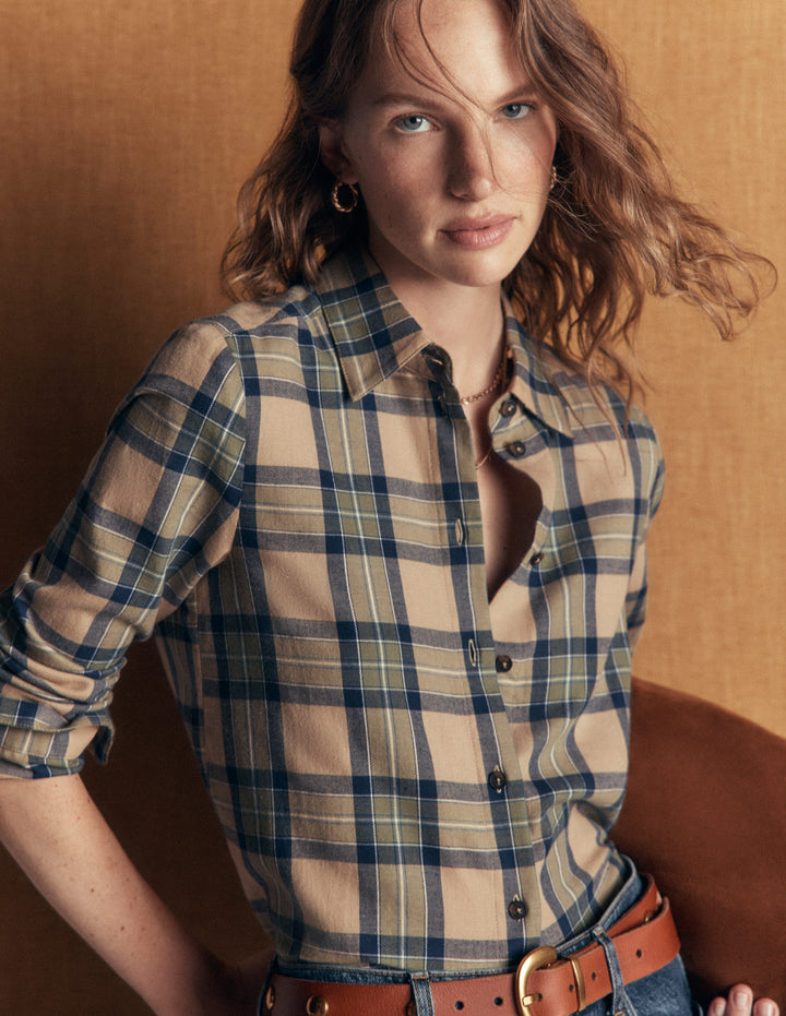 The New Sienna Cotton Shirt-Camel, Navy, Green Check