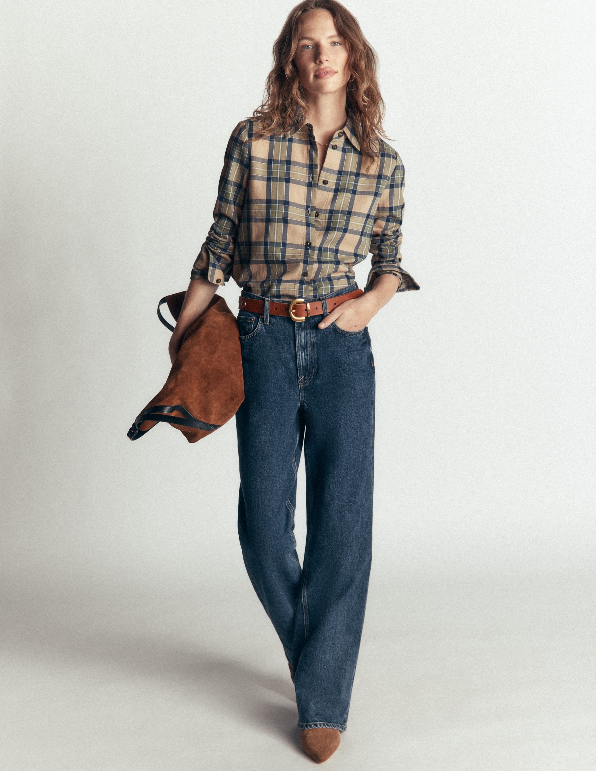 The New Sienna Cotton Shirt-Camel, Navy, Green Check - Image 4