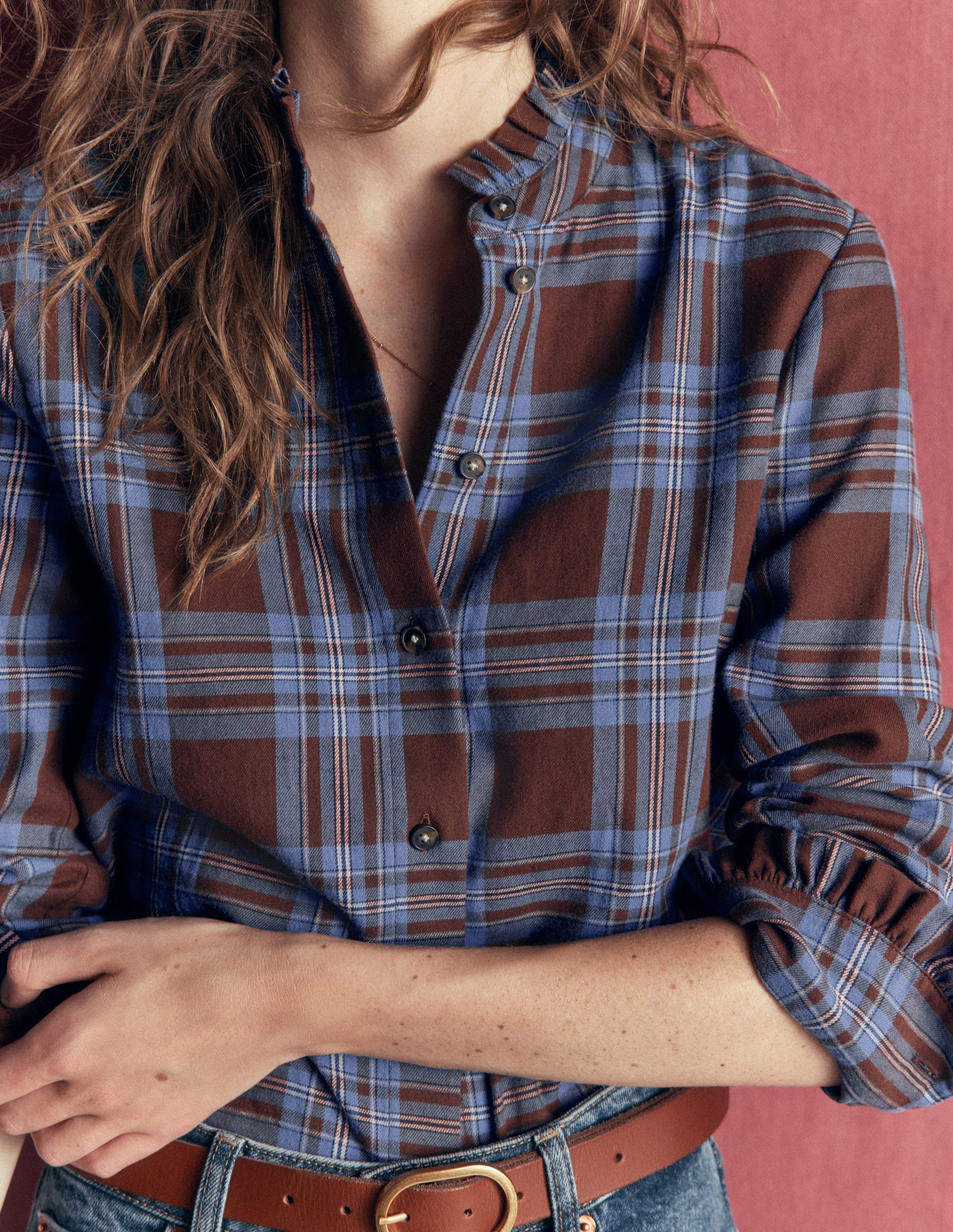 Sienna Frill Cotton Shirt-Brown, Blue, Pink Check-2