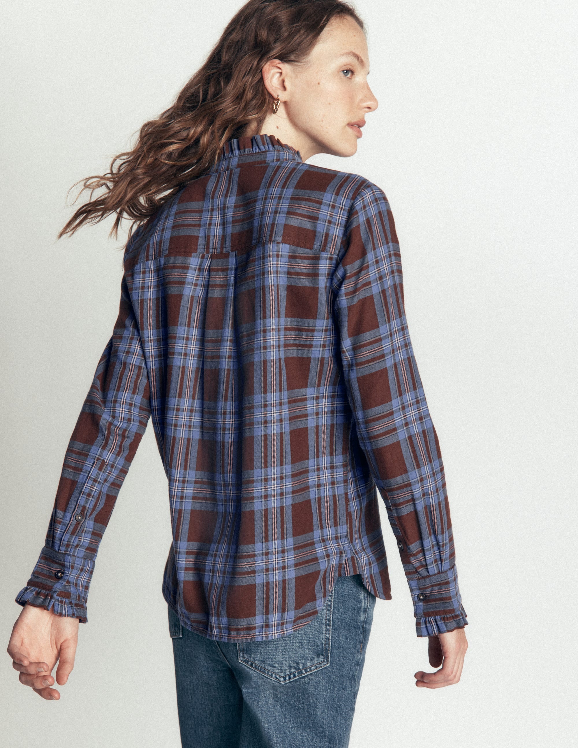 Sienna Frill Cotton Shirt-Brown, Blue, Pink Check - Image 3