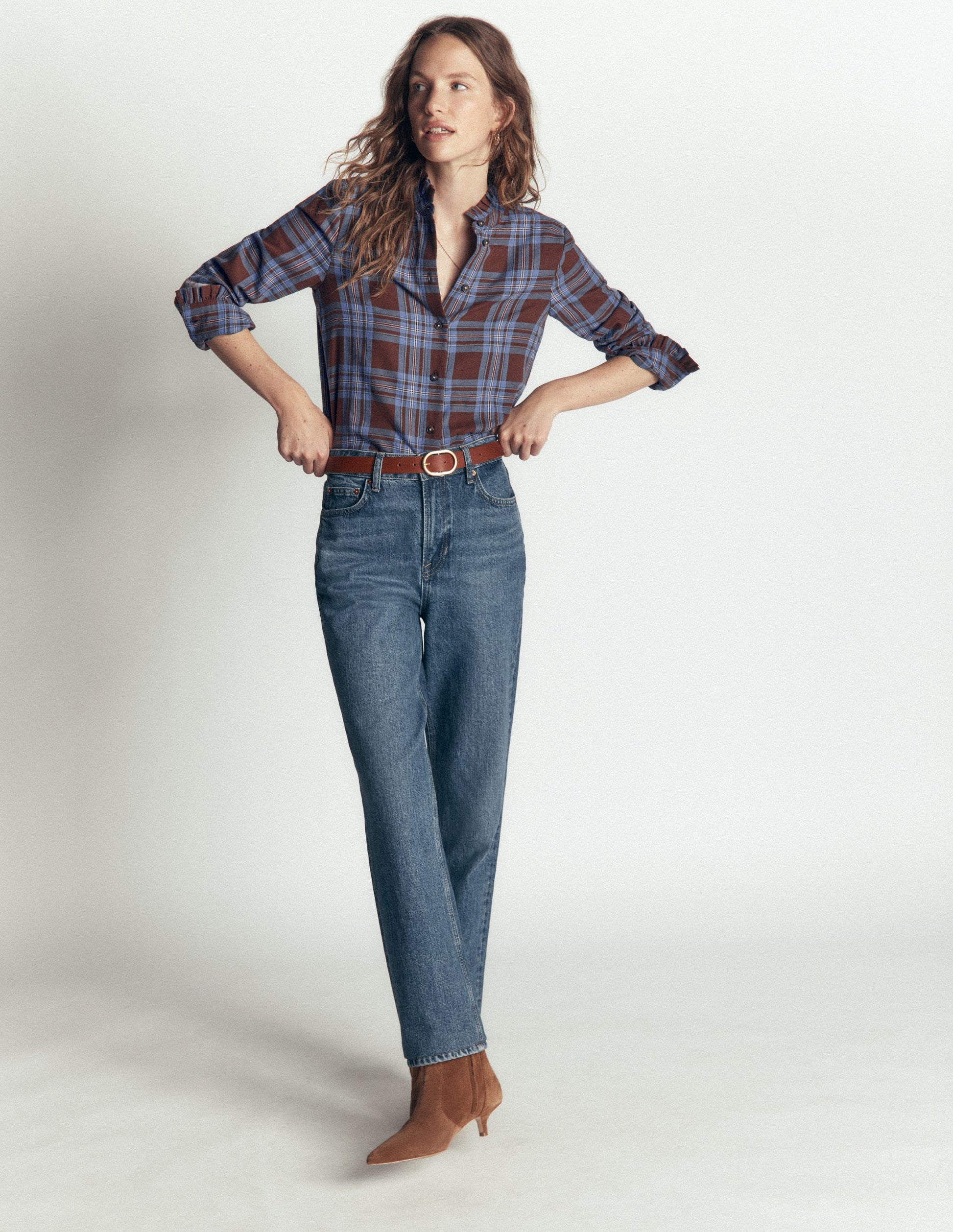 Sienna Frill Cotton Shirt-Brown, Blue, Pink Check-4