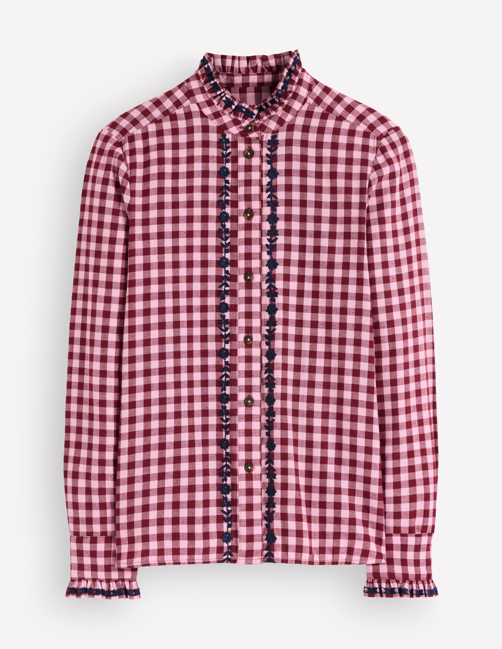 Sienna Frill Cotton Shirt-Embroidered Pink, Maroon Check-6
