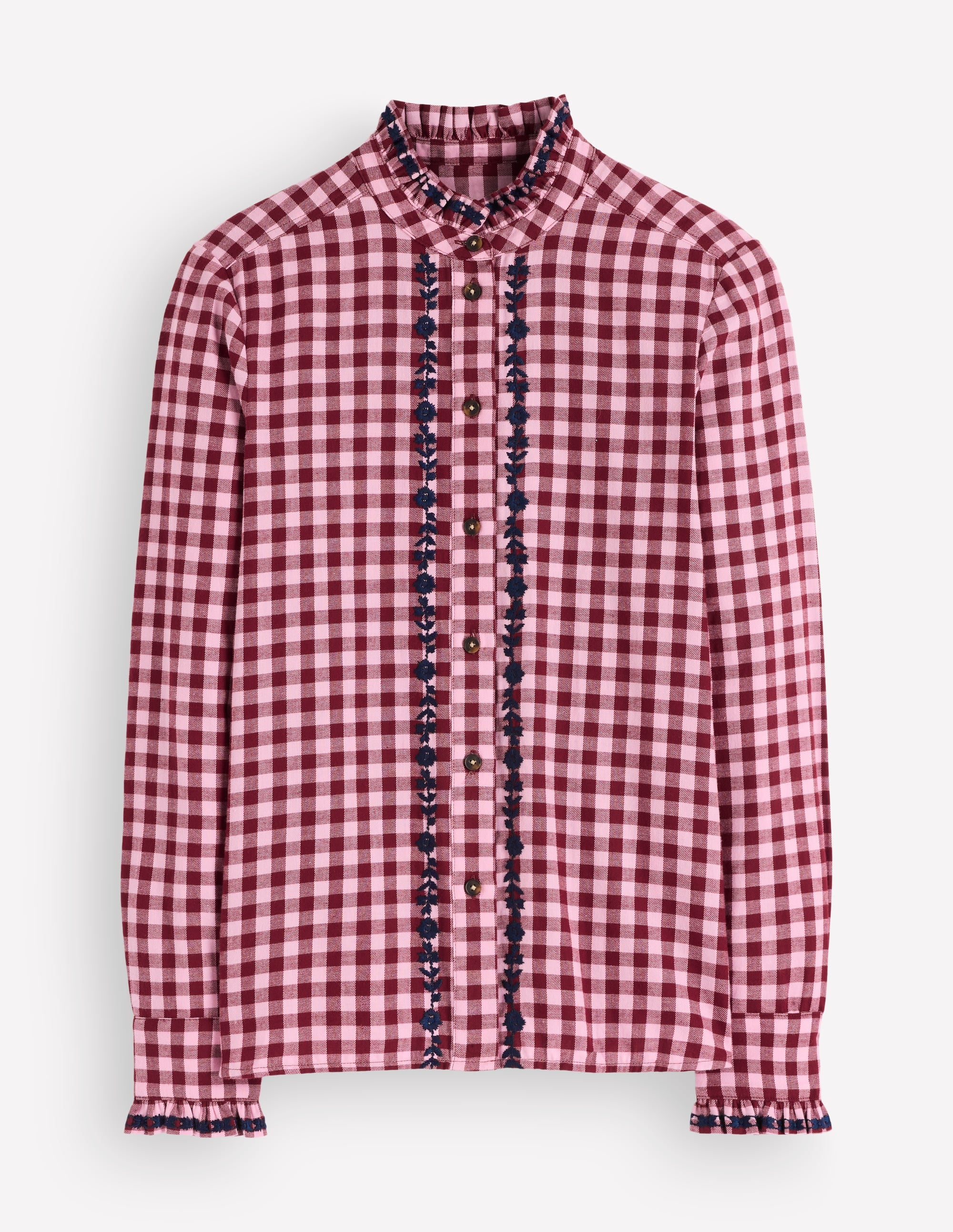 Sienna Frill Cotton Shirt-Embroidered Pink, Maroon Check - Image 6