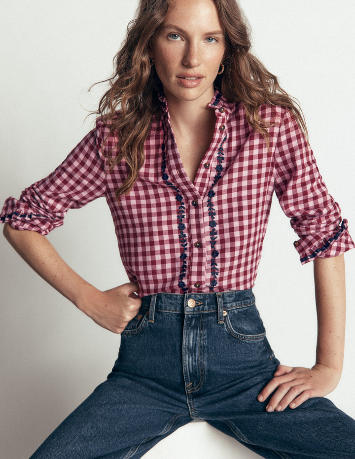 Sienna Frill Cotton Shirt-Embroidered Pink, Maroon Check