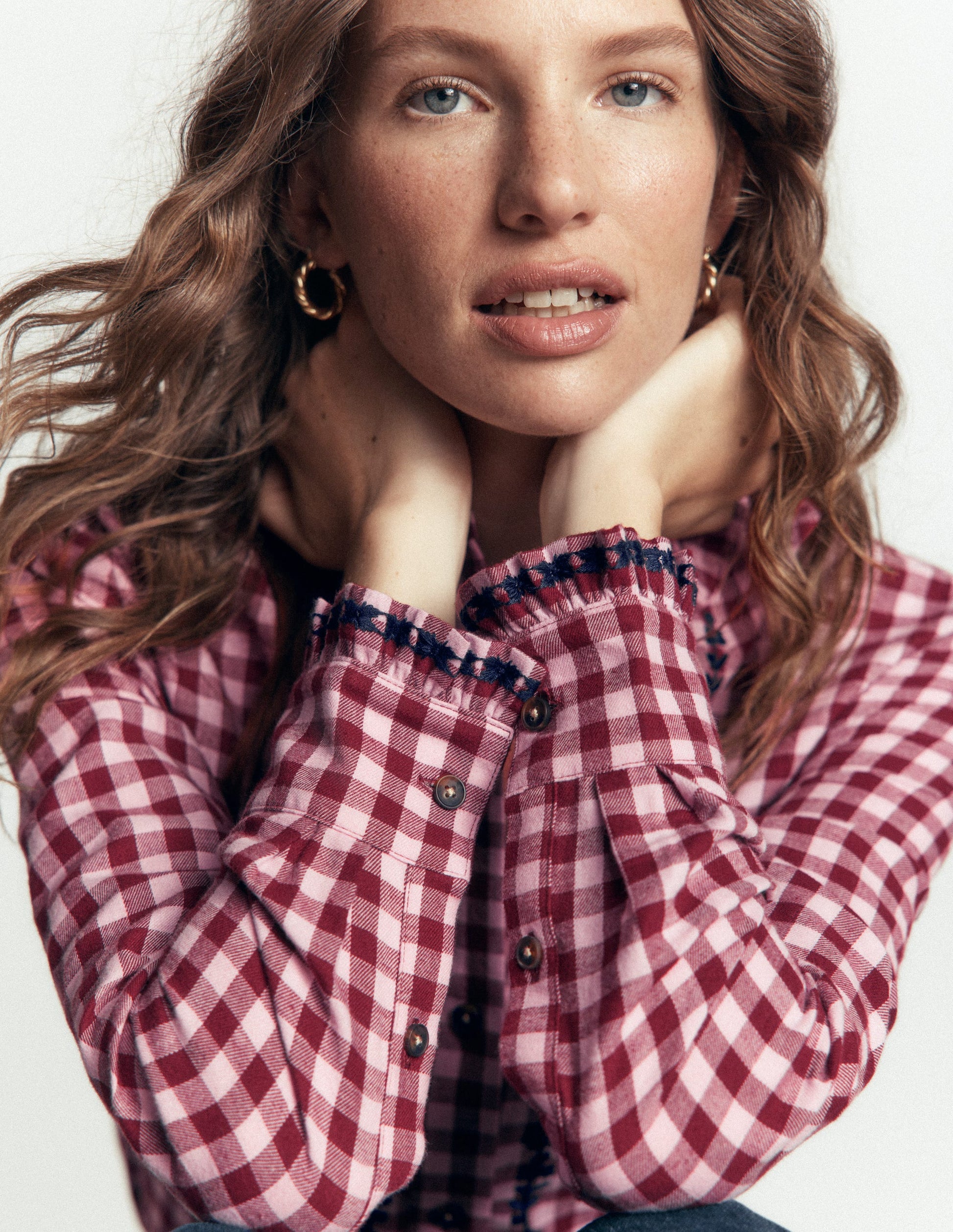 Sienna Frill Cotton Shirt-Embroidered Pink, Maroon Check-2