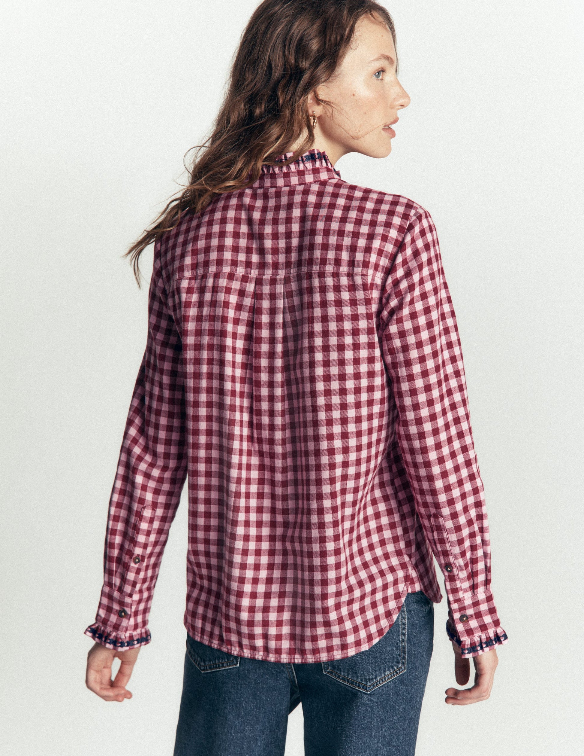 Sienna Frill Cotton Shirt-Embroidered Pink, Maroon Check-3
