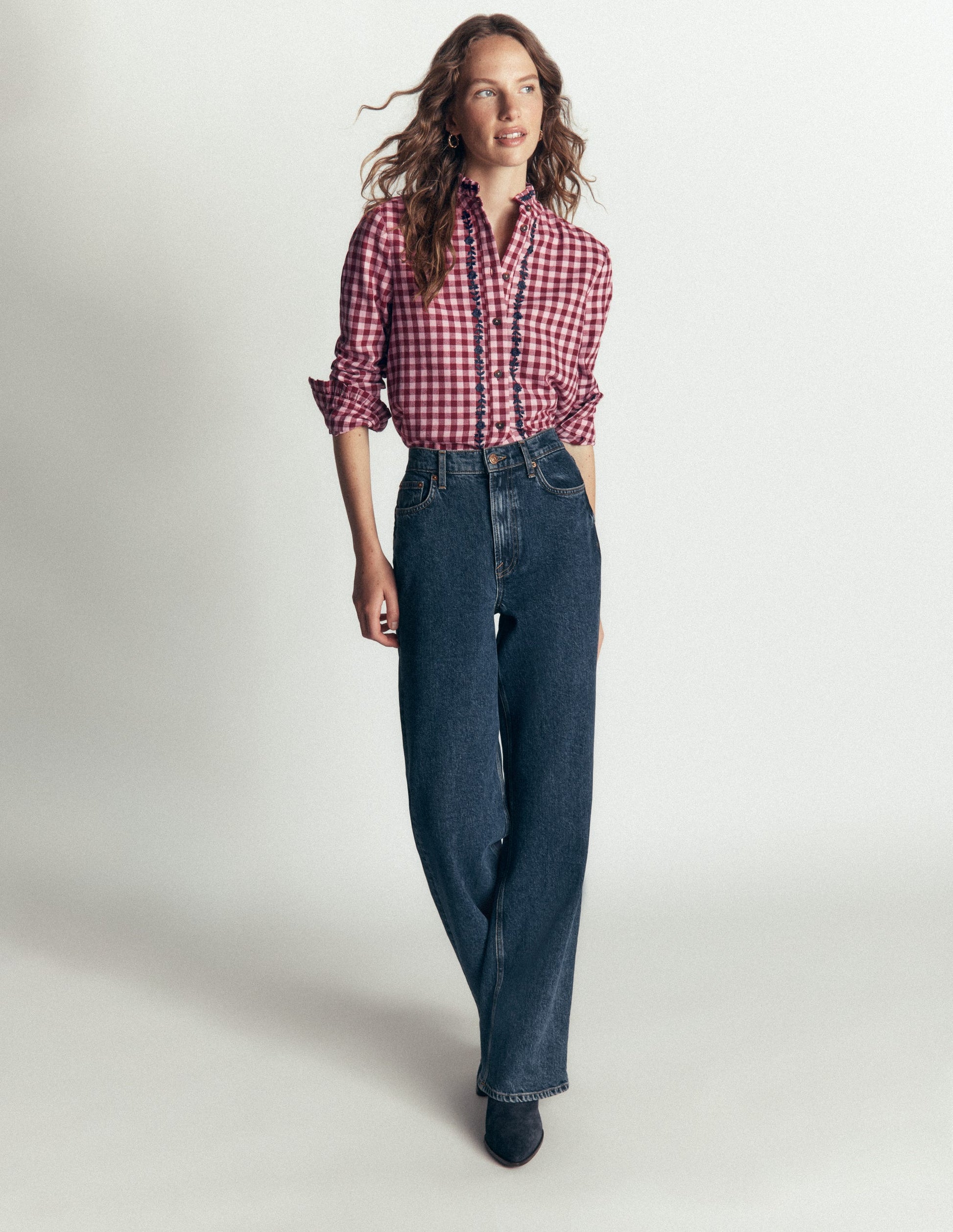 Sienna Frill Cotton Shirt-Embroidered Pink, Maroon Check-4