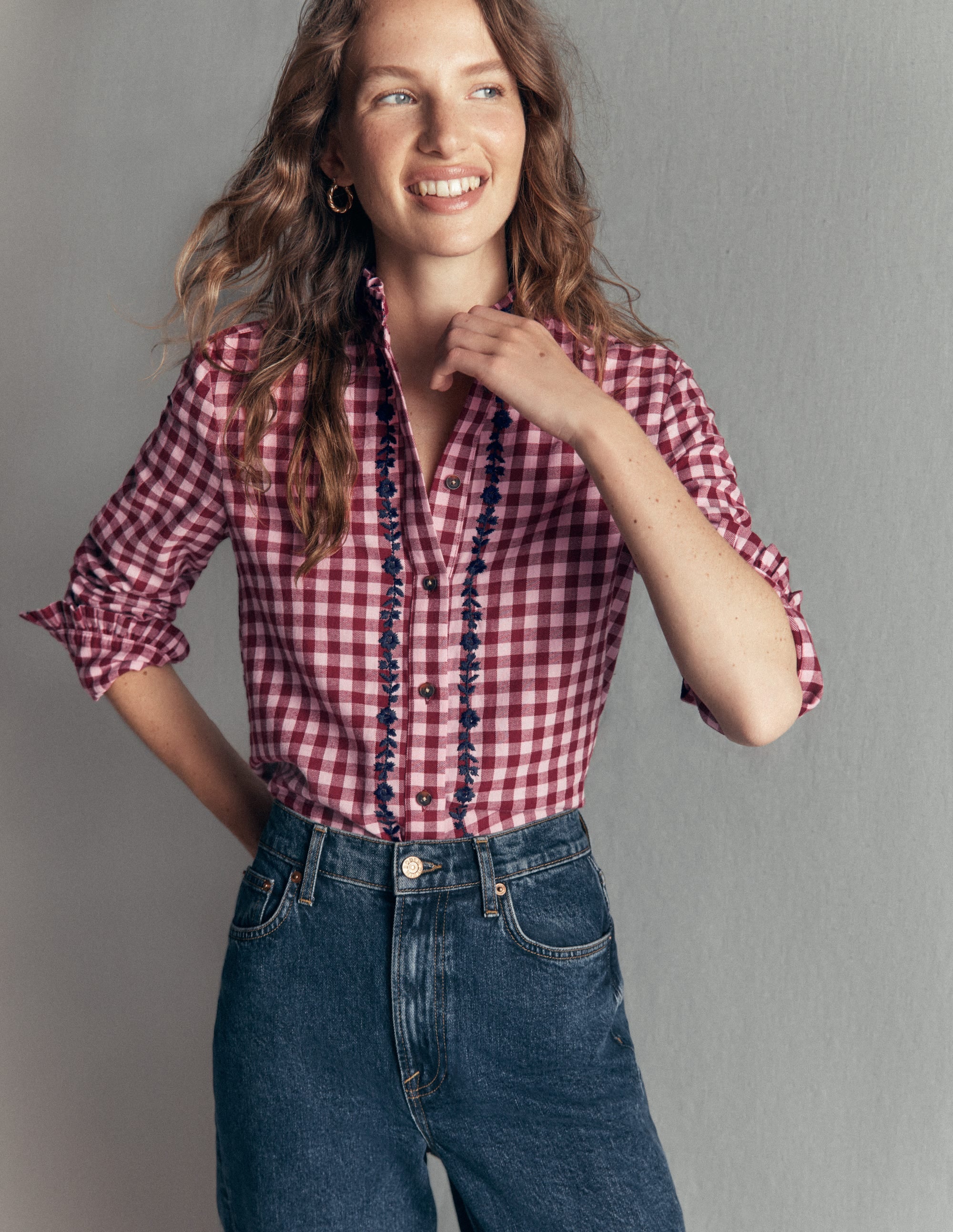 Sienna Frill Cotton Shirt-Embroidered Pink, Maroon Check - Image 5