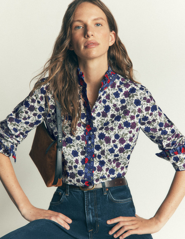 Sienna Frill Cotton Shirt-Soft Cream, Billowing Sprigs