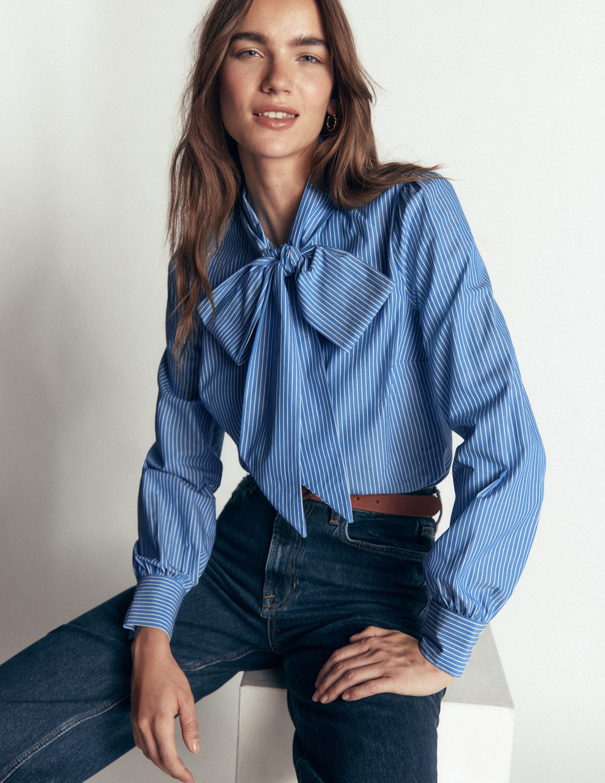Clara Tie Neck Shirt-Blue and Ivory Stripe - Image 1