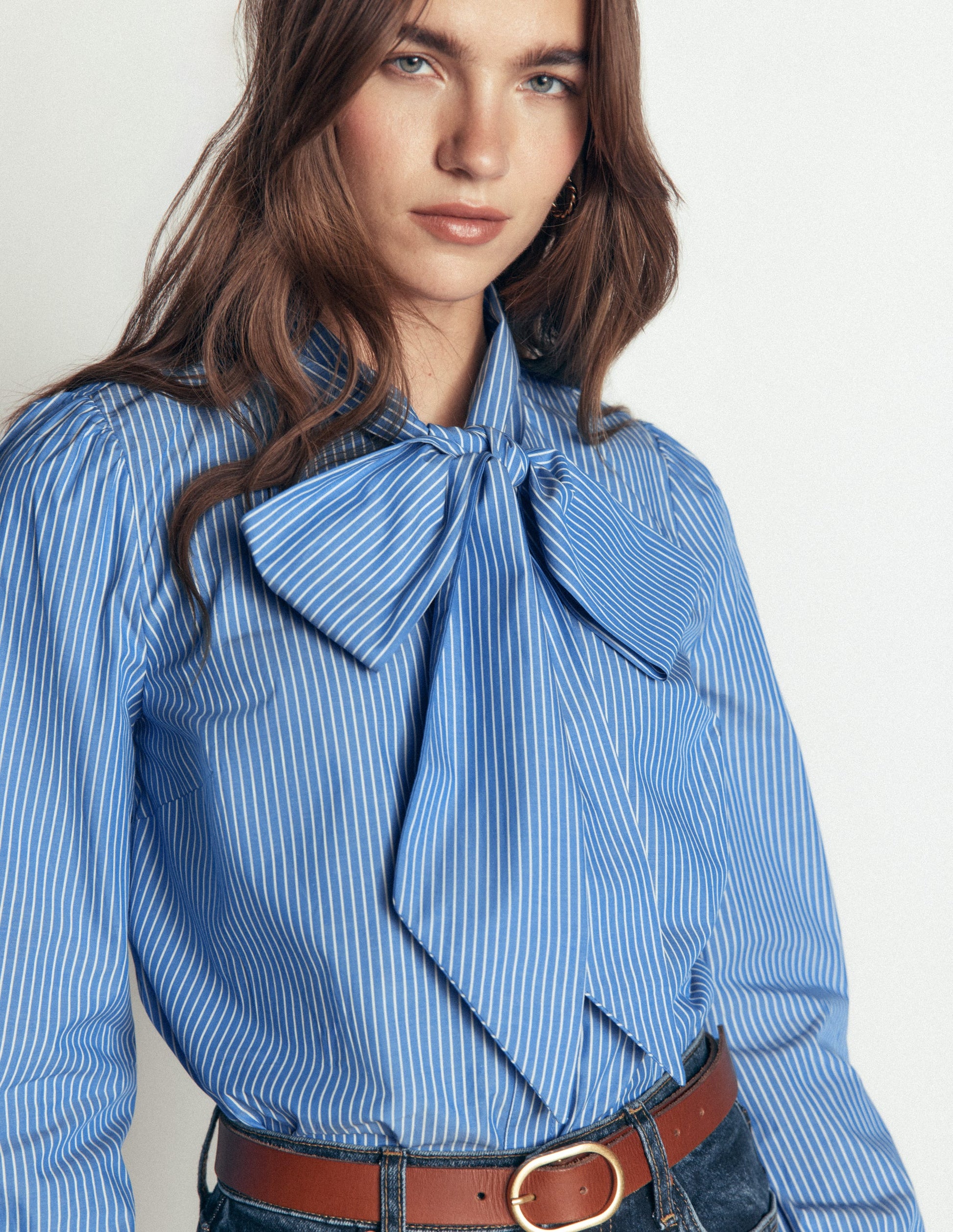 Clara Tie Neck Shirt-Blue and Ivory Stripe-2
