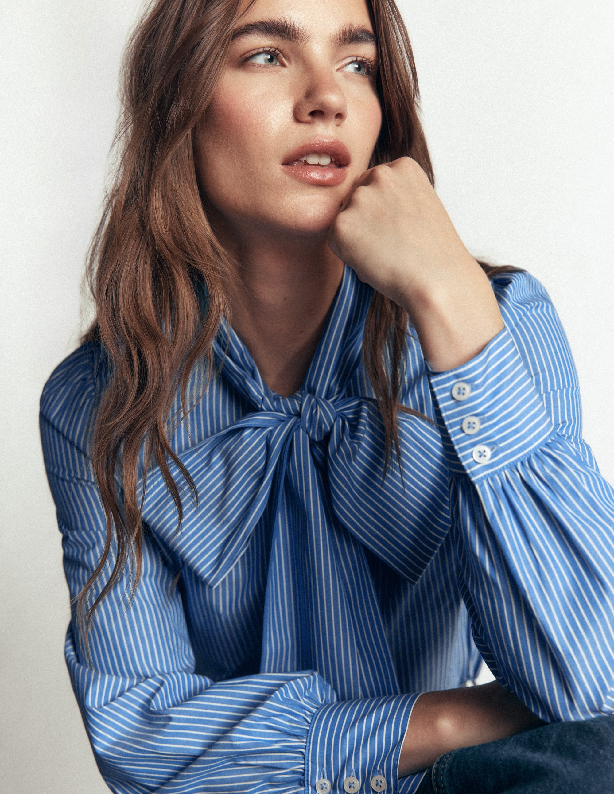 Clara Tie Neck Shirt-Blue and Ivory Stripe - Image 5
