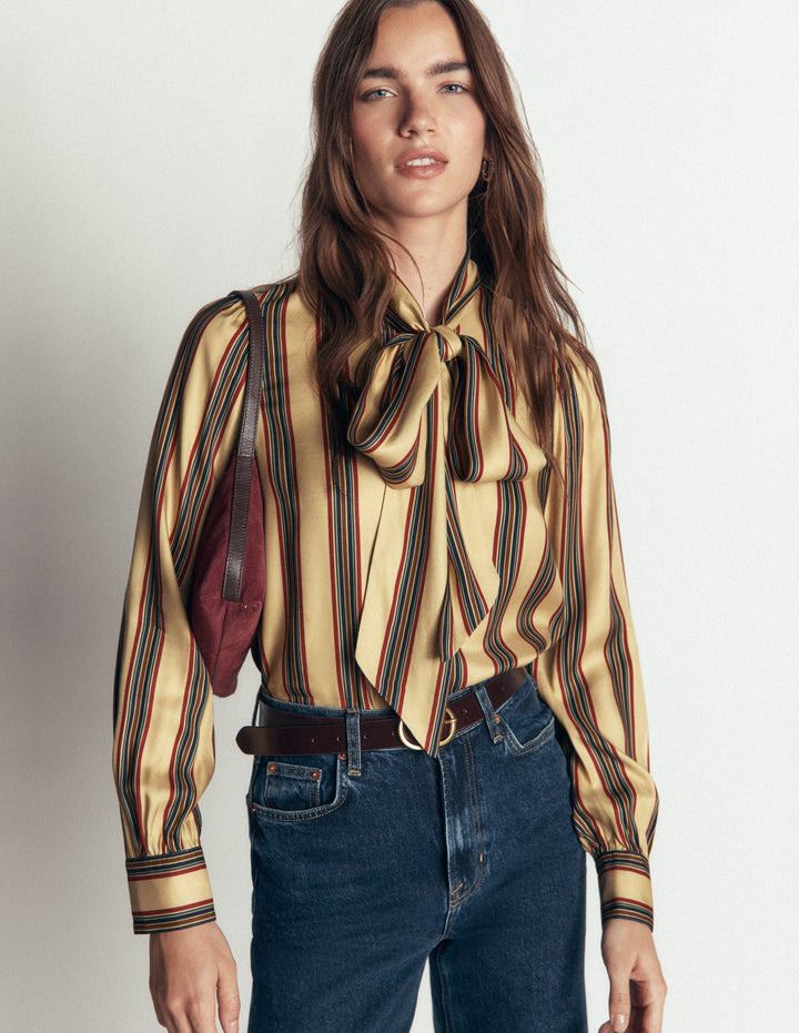 Clara Silk Tie Neck Top-Collegic Stripe