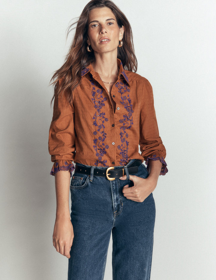 Violet Cotton Top-Brown Beaded