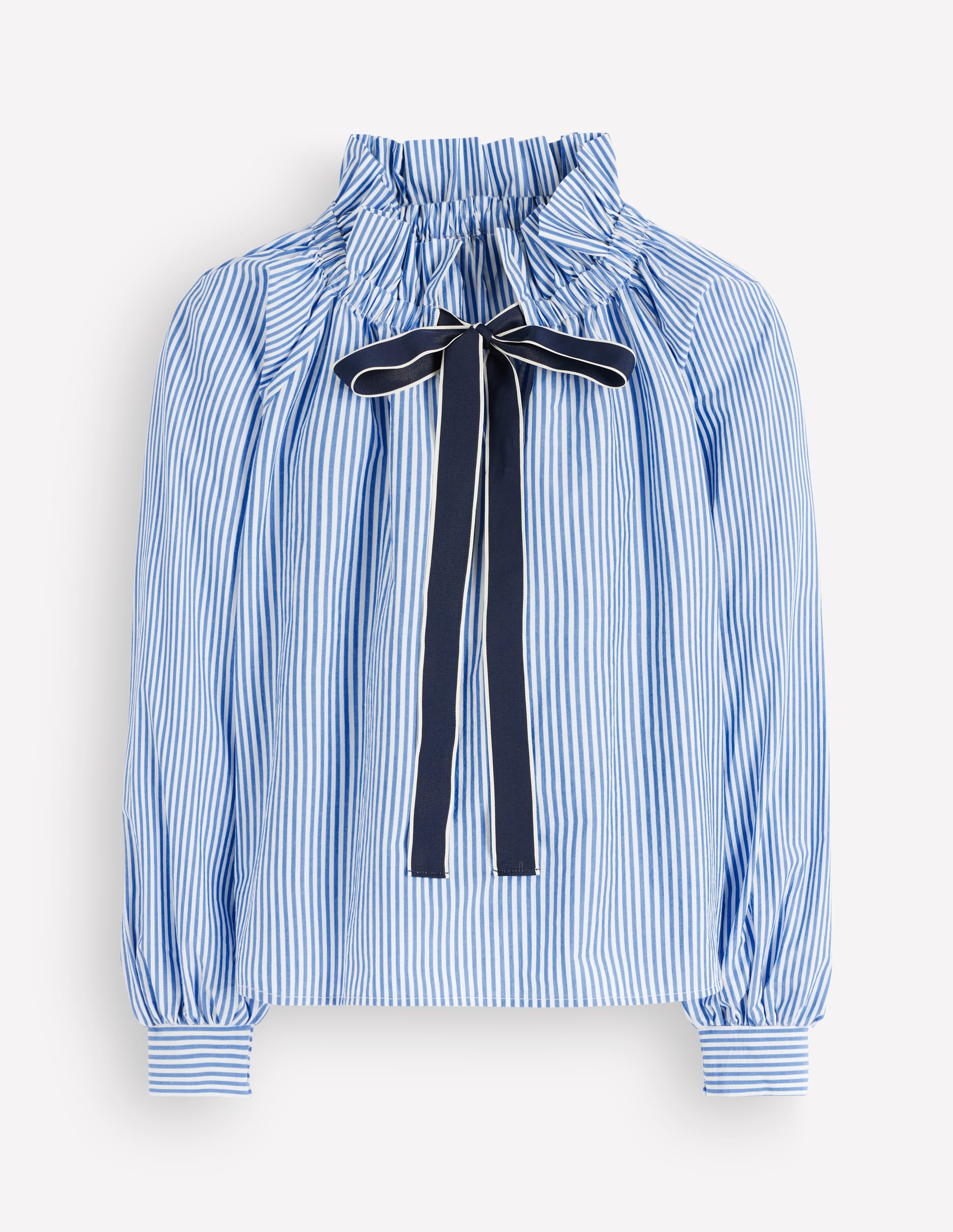 Bow Neck Ruffled Top - Bright Blue, Ivory Stripe | Boden USA