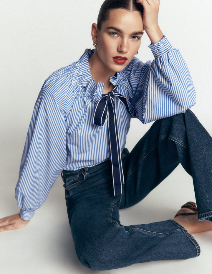 Bow Neck Ruffled Top-Bright Blue, Ivory Stripe