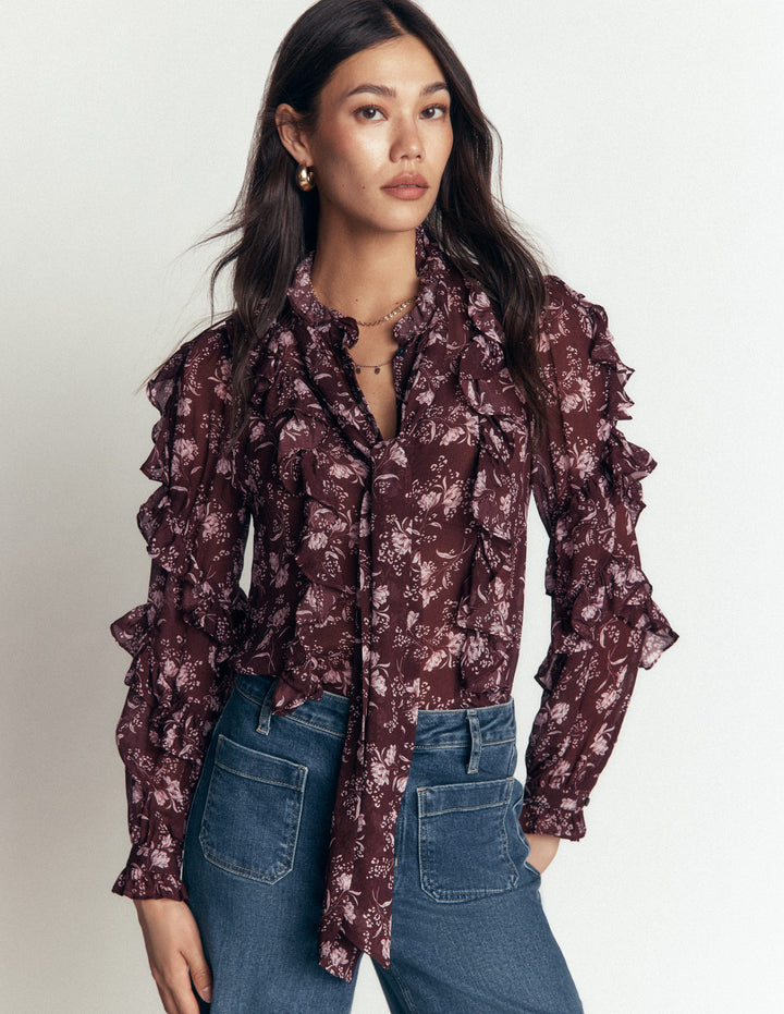 Ruffled Georgette Top-Chocolate, Enchanted Sprigs