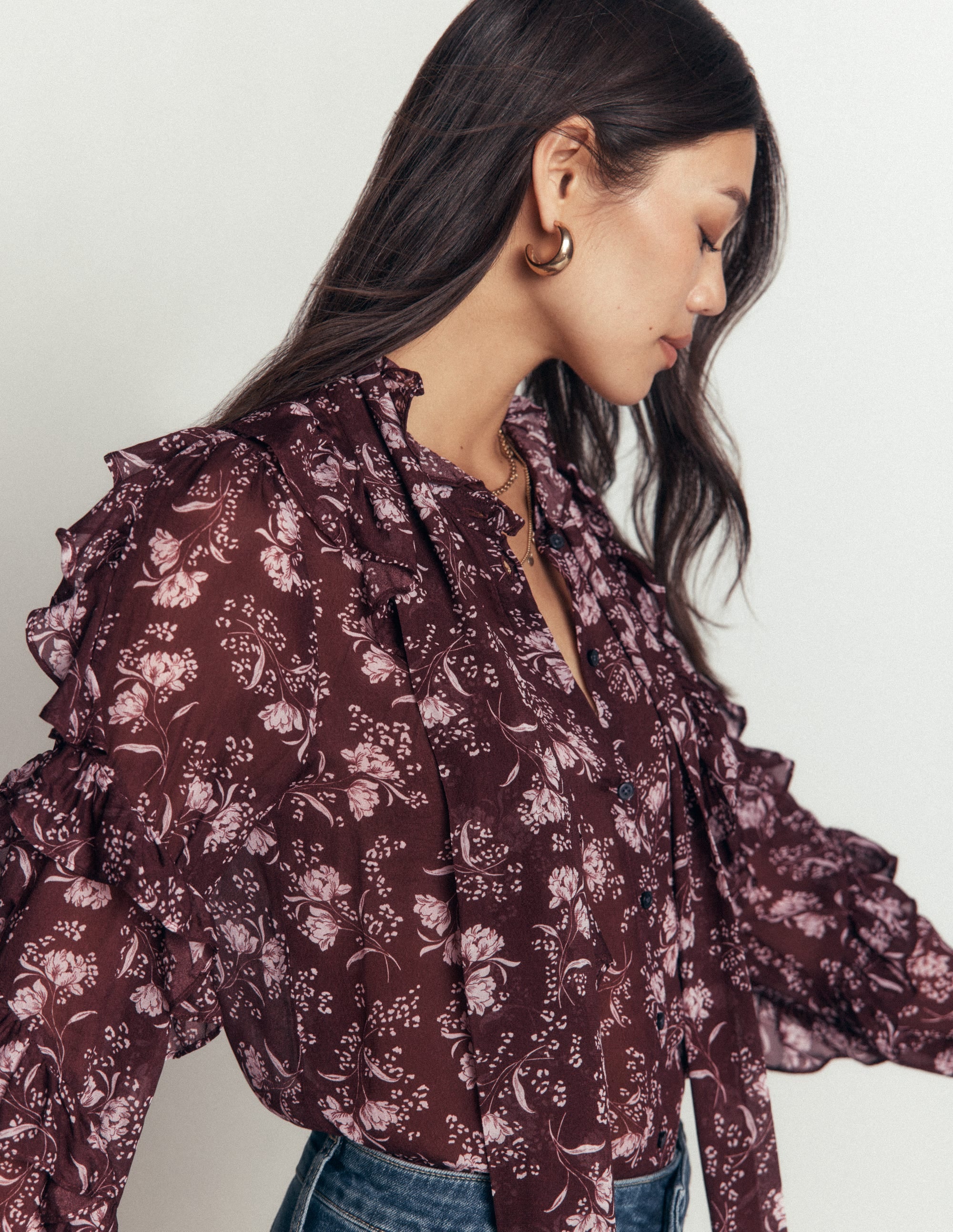 Ruffled Georgette Top-Chocolate, Enchanted Sprigs - Image 2